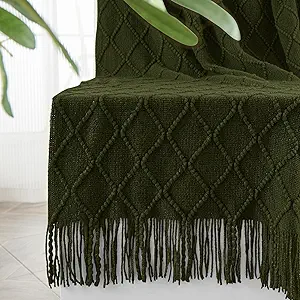 inhand Knitted Throw Blankets for Couch and Bed, Soft Cozy Knit Blanket with Tassel, Dark Green Lightweight Decorative Blankets and Throws, Farmhouse Warm Woven Blanket for Men and Women, 60"x80"