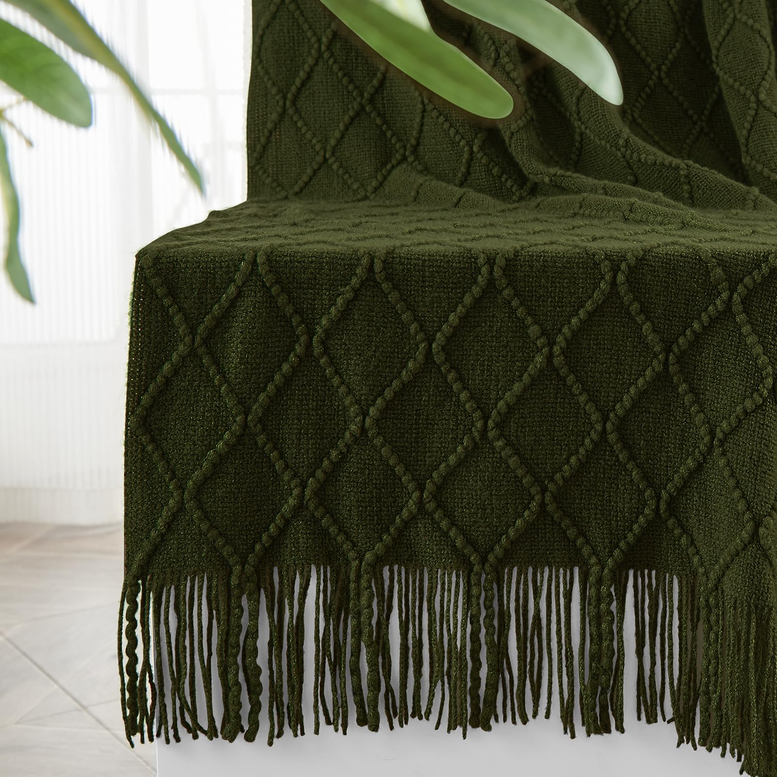 Inhand Men's Dark Green Knitted Throw Blankets For Couch And Bed, Soft Cozy Knit Blanket With Tassel, Lightweight Decorative Blankets And Throws, Farmhouse Warm Woven Blanket For And Wo, 60"X80"