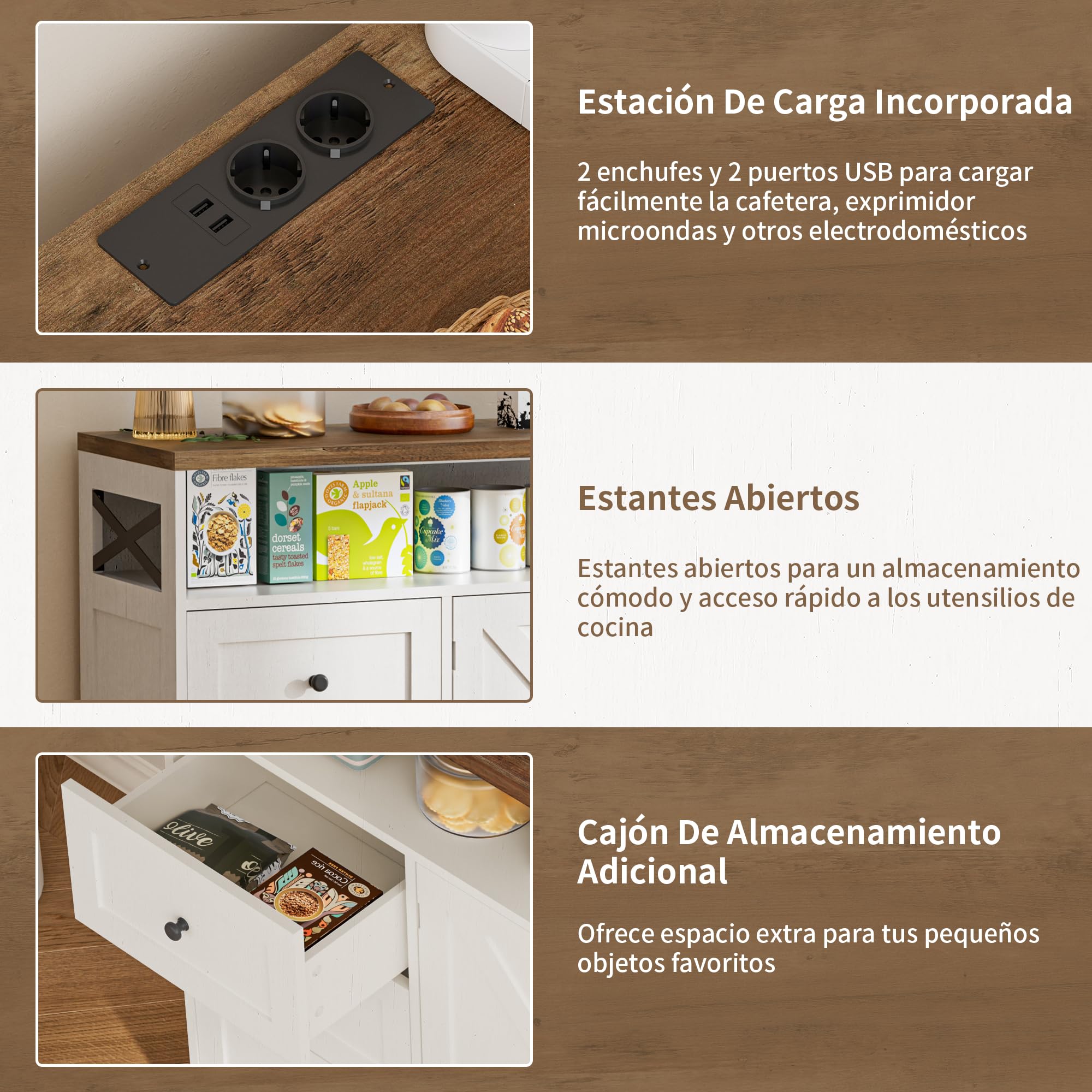BonVache Aparador de cocina con cajones, armario de almacenamiento, armario con estante abierto, armario para cocina, comedor, salón, 120 x 35 x 95 cm, color blanco