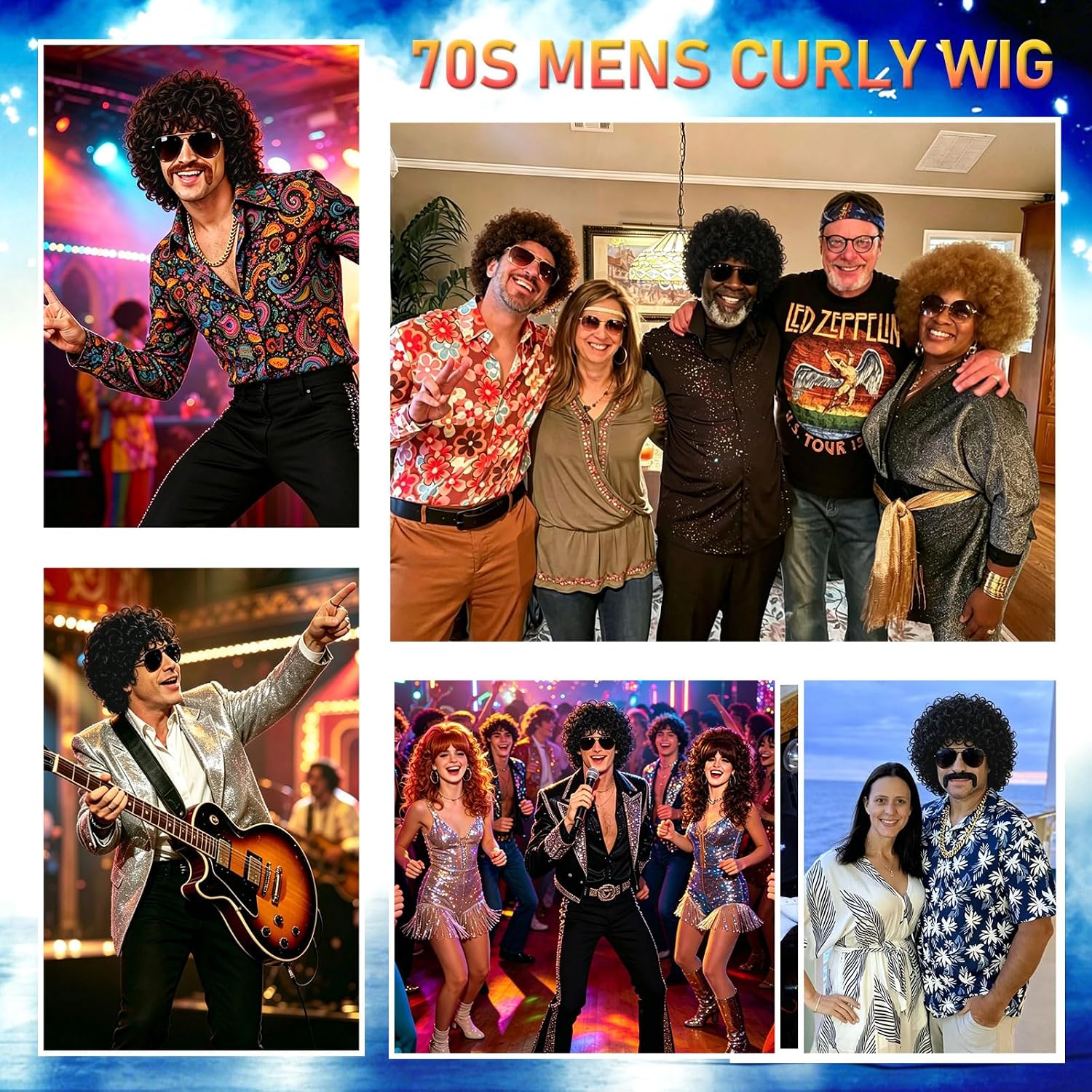 Disco Wig, 5Pcs Set(Black Curly Wig +Sunglasses +Mustache +Golden Chain +Wig’s Cap) 70s Outfits for Men Rocker Party Halloween Costume Cosplay