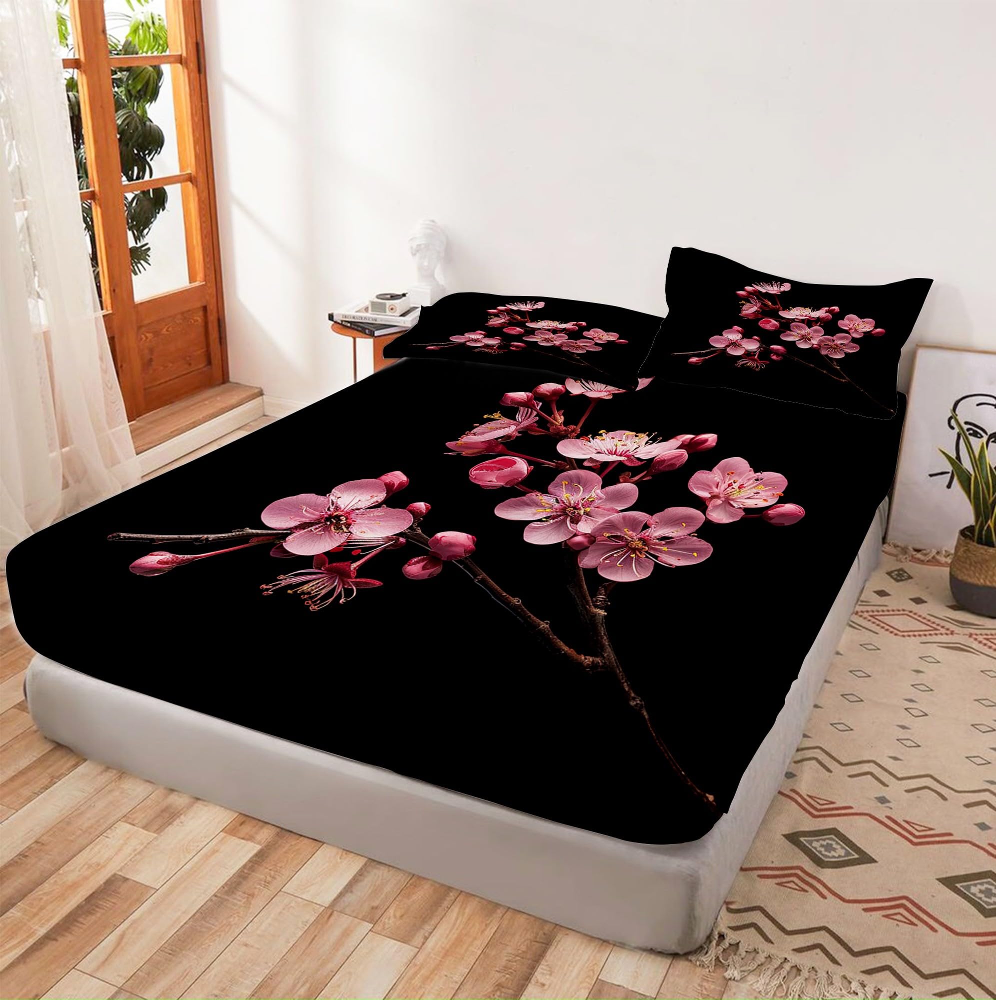 Spannbettlaken 160x200cm Rosa Blume Schwarz Kinder Spannbetttuch für Jungen Mädchen Jugendliche Dekor Bettlaken Set 3D Gedruckt Matratzenbezug mit 2 Kissenbezügen