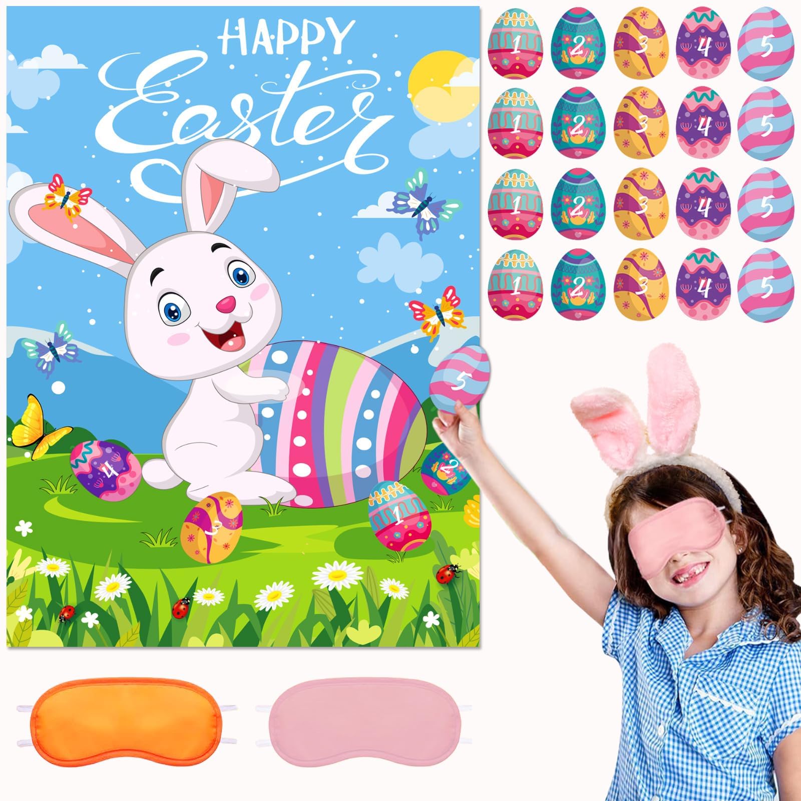 Easter Games for kids, Pin the Egg on the Bunny, with Posters, Reusable stickers, and Eye mask Accessories, sticker game, Party Activities Supplies