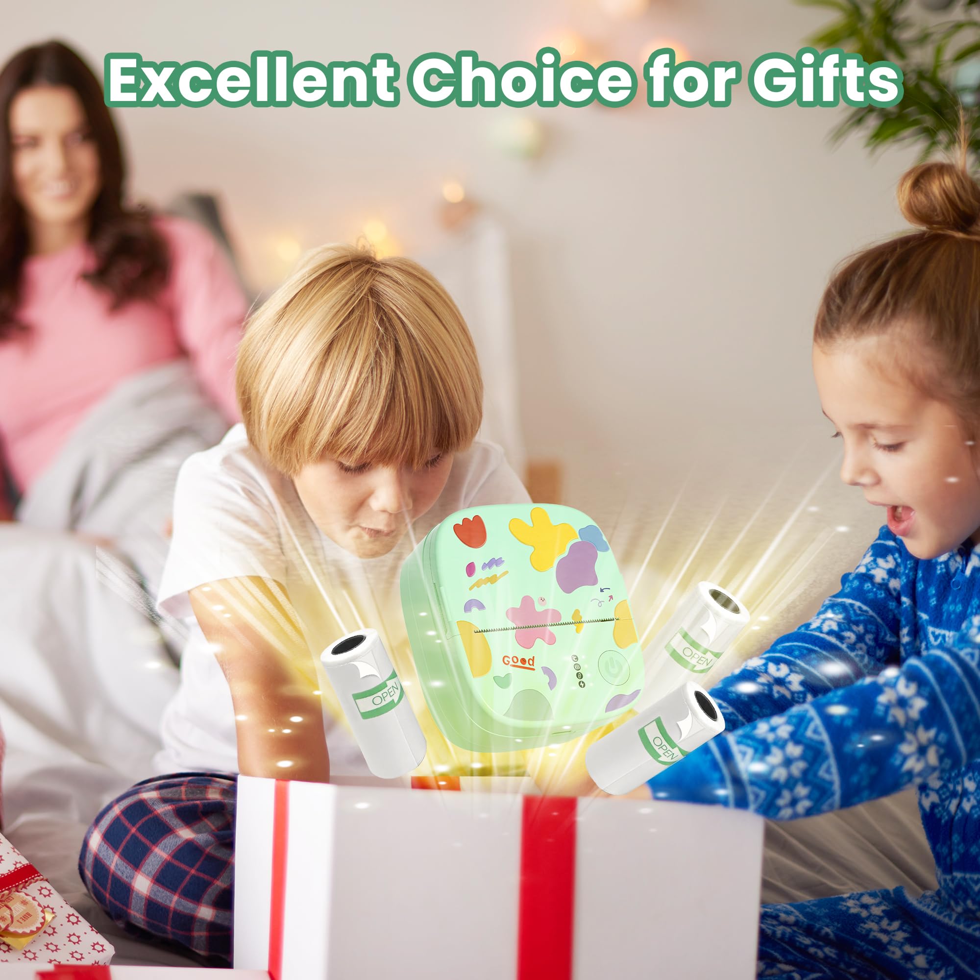 Imprimante Thermique Mini sans Encre Bluetooth Portable 3 Rouleaux Papier Vert pour Stickers Étiquettes DIY Enfants