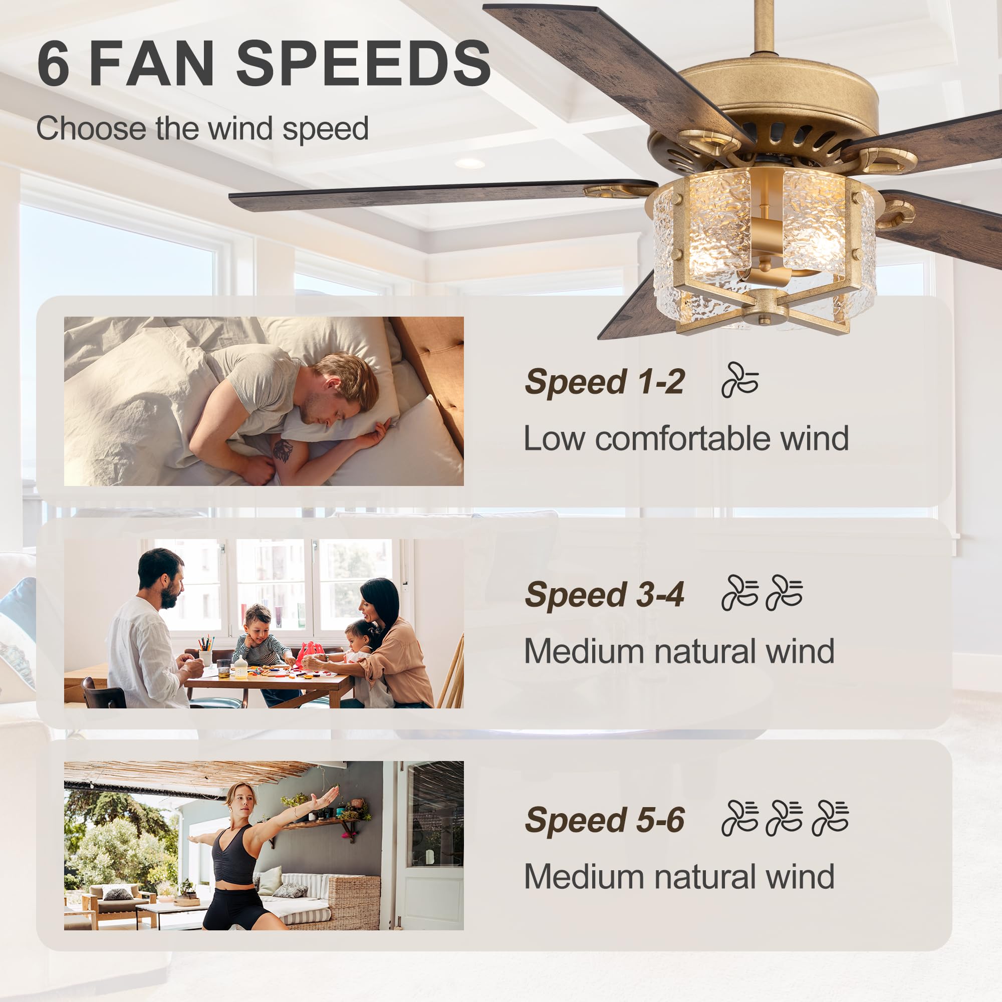 Ventilatore da soffitto moderno da 132 cm con kit di luce e telecomando, motore DC ultra silenzioso, design reversibile a 5 pale, accessorio di luce antico, doppia barra discesa per