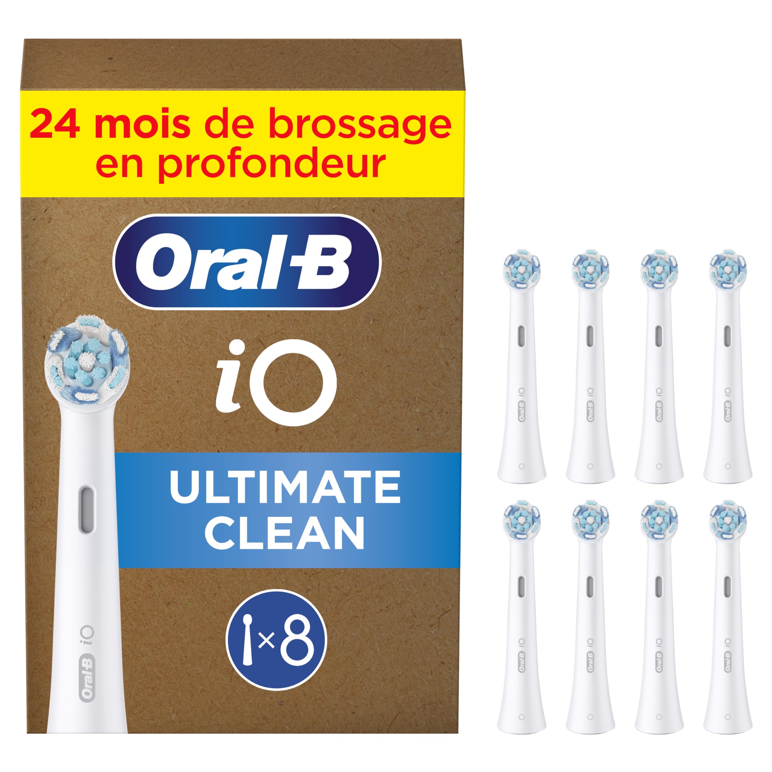 Oral-B Brossettes de Rechange Ultimate Clean, lot de 8, Blanches | Recharges Brosse à Dents Électrique iO, pour Adultes, Tête Ronde pour un Brossage en Profondeur, Emballage en Carton