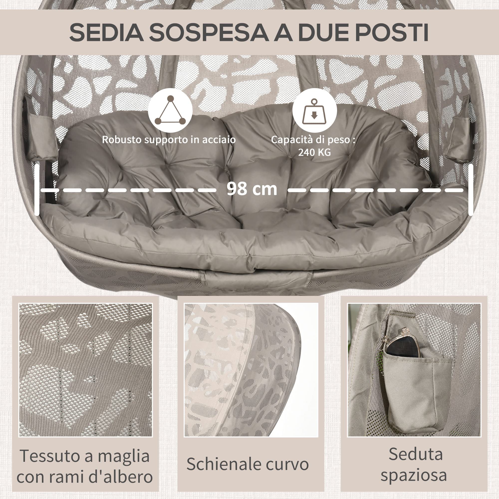 Poltrona Sospesa Dondolo da Giardino con Struttura in Acciaio e Cuscino 2 Posti con 2 Tasche e Cesto Pieghevole 130x103x172 cm