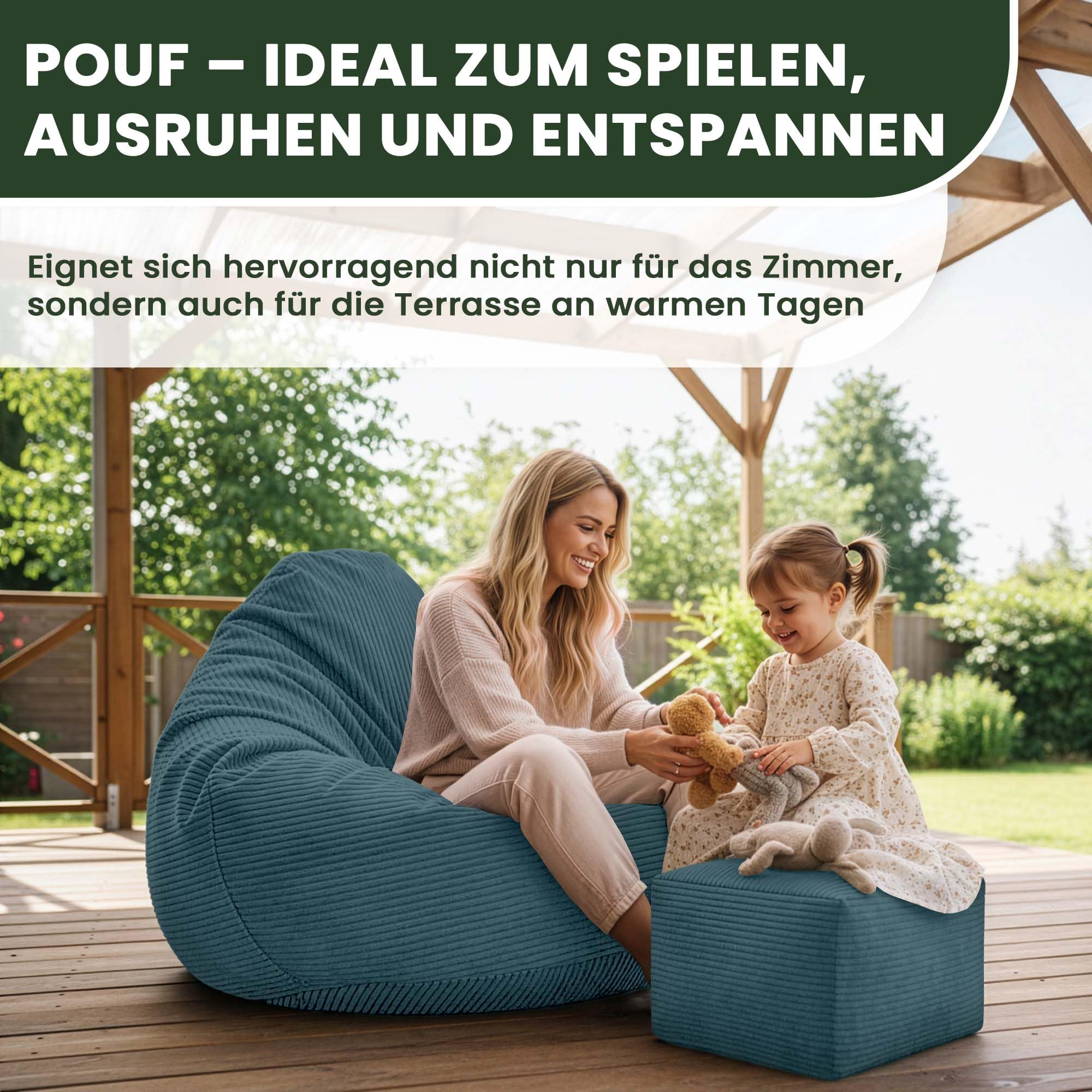 DreamRoots Sitzsack Erwachsene Cord oder Kinder - Bean Bag Sofa - Sitzsack Cord mit Hocker und Bezug - Sitzsäcke mit Füllung 90x90x100 cm Ocean Depths