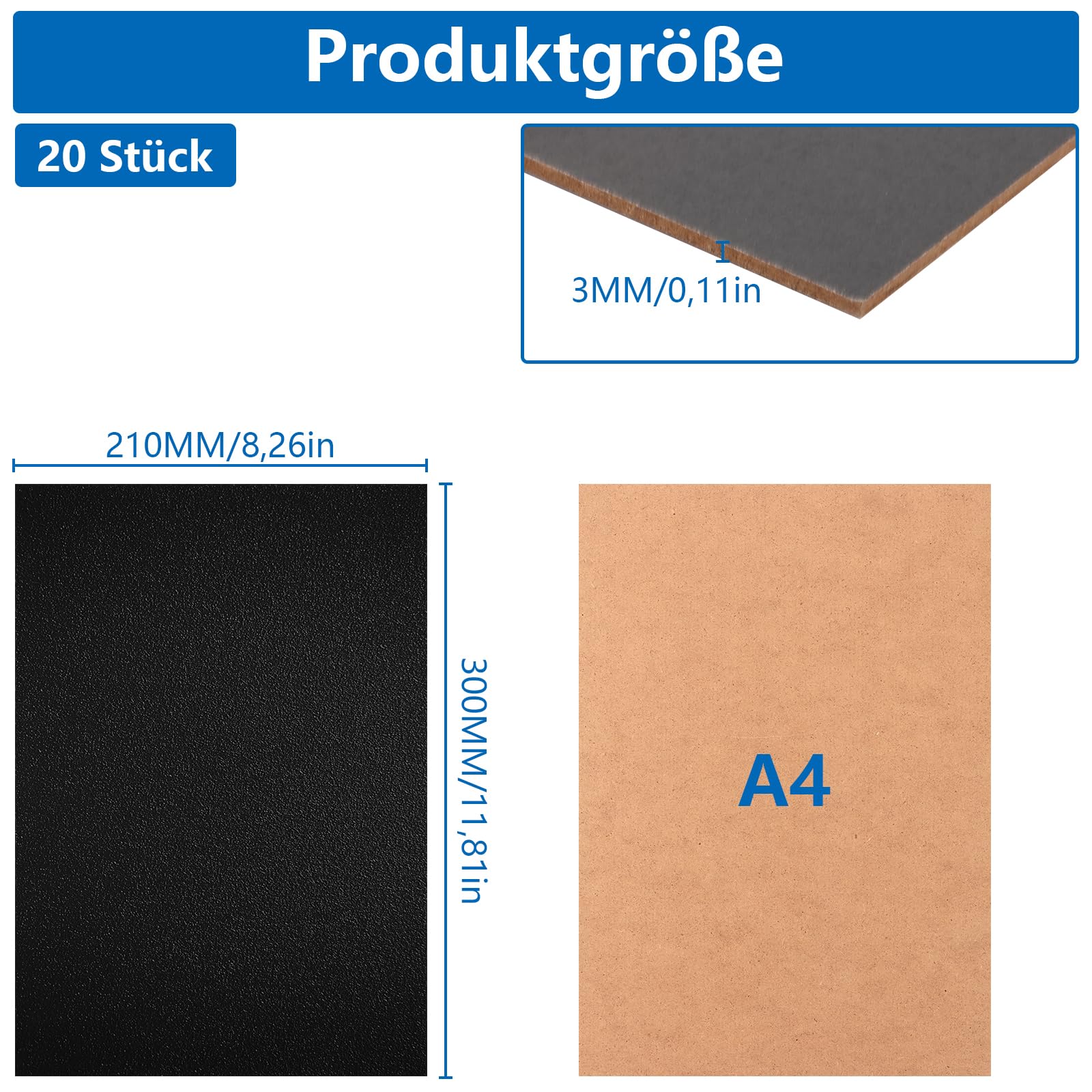 CYEER 20 sztuk płyt MDF A4, czarne, 300 x 210 x 3 mm, cienkie płyty drewniane, do lasera, routera CNC, modelowania, ażurowej piły liściastej, 20 sztuk