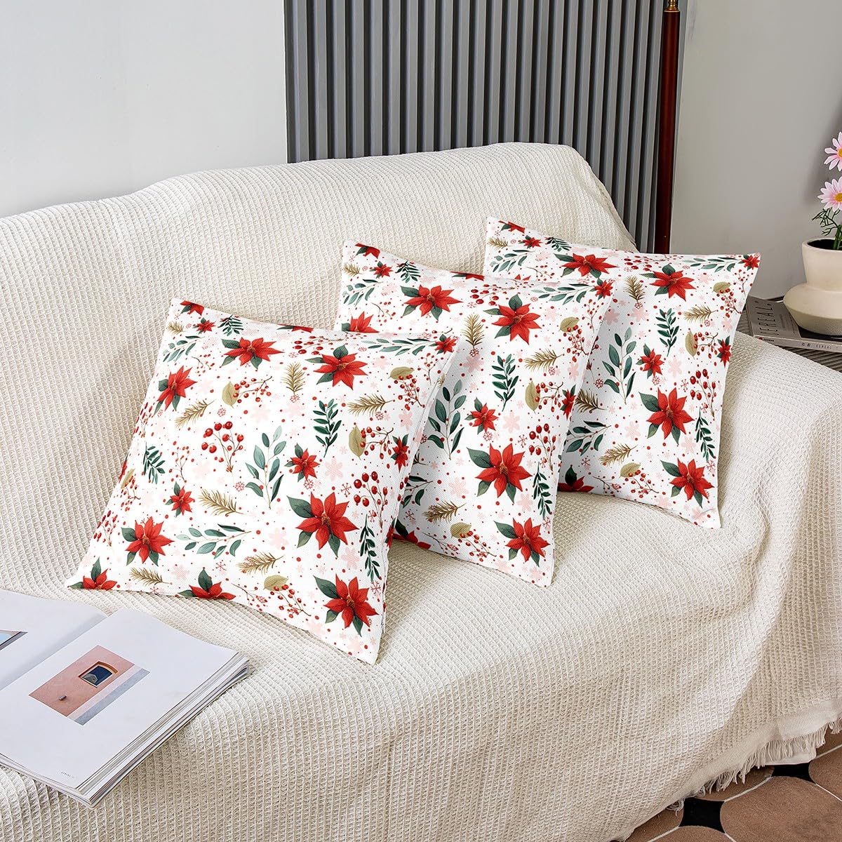 Homemissing Juego de 4 fundas de almohada navideñas de 45 x 45 cm, decoración botánica floral, fundas de almohada para sofá, cama, silla, coche, Navidad, copo de nieve, fundas de cojín suaves para