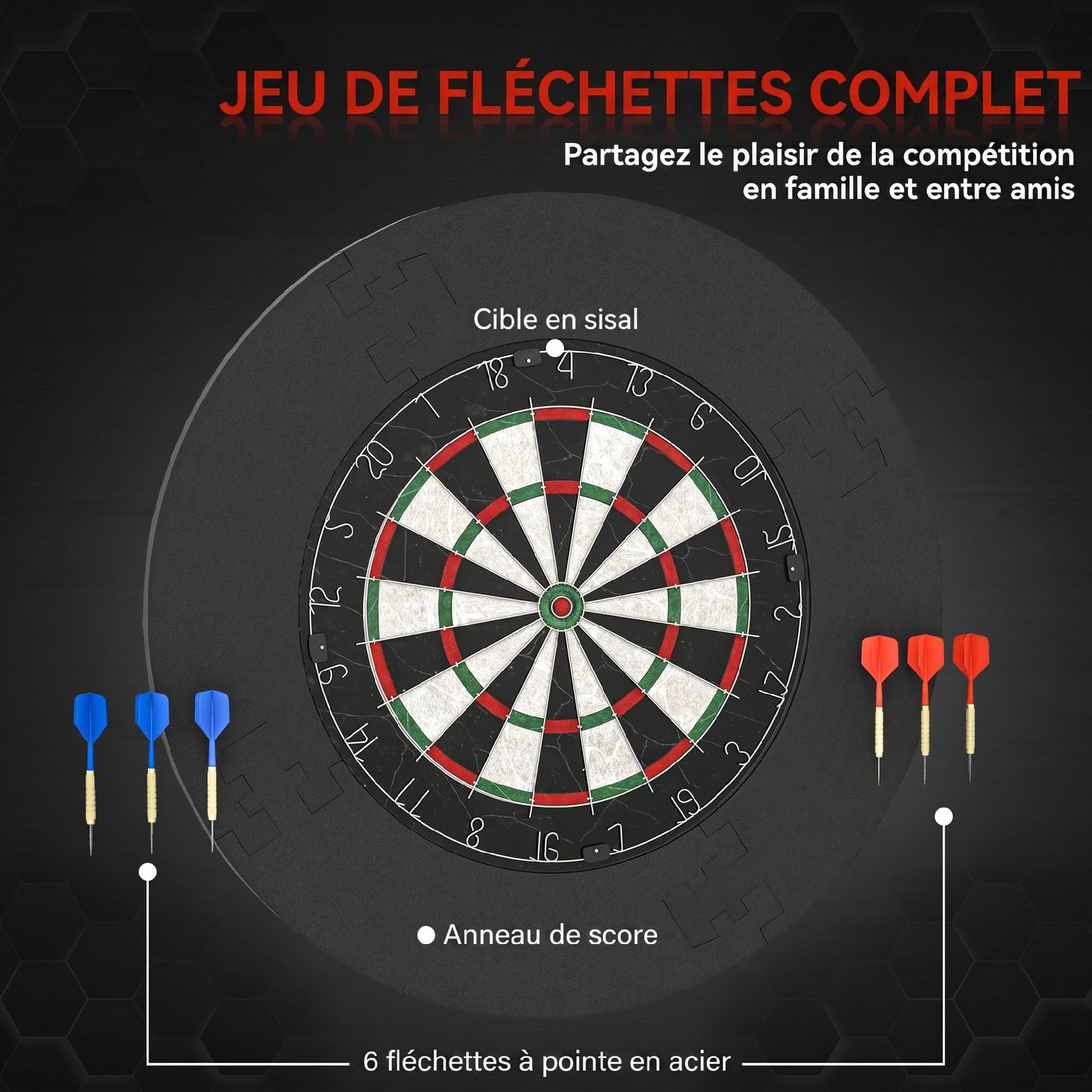 SPORTNOW Cible de Fléchettes en Sisal Professionnelle Mural Adultes Noir | Anneau de Protection EVA, 6 Fléchettes Pointe en Acier, Kit de Fixation, Jeu Intérieur