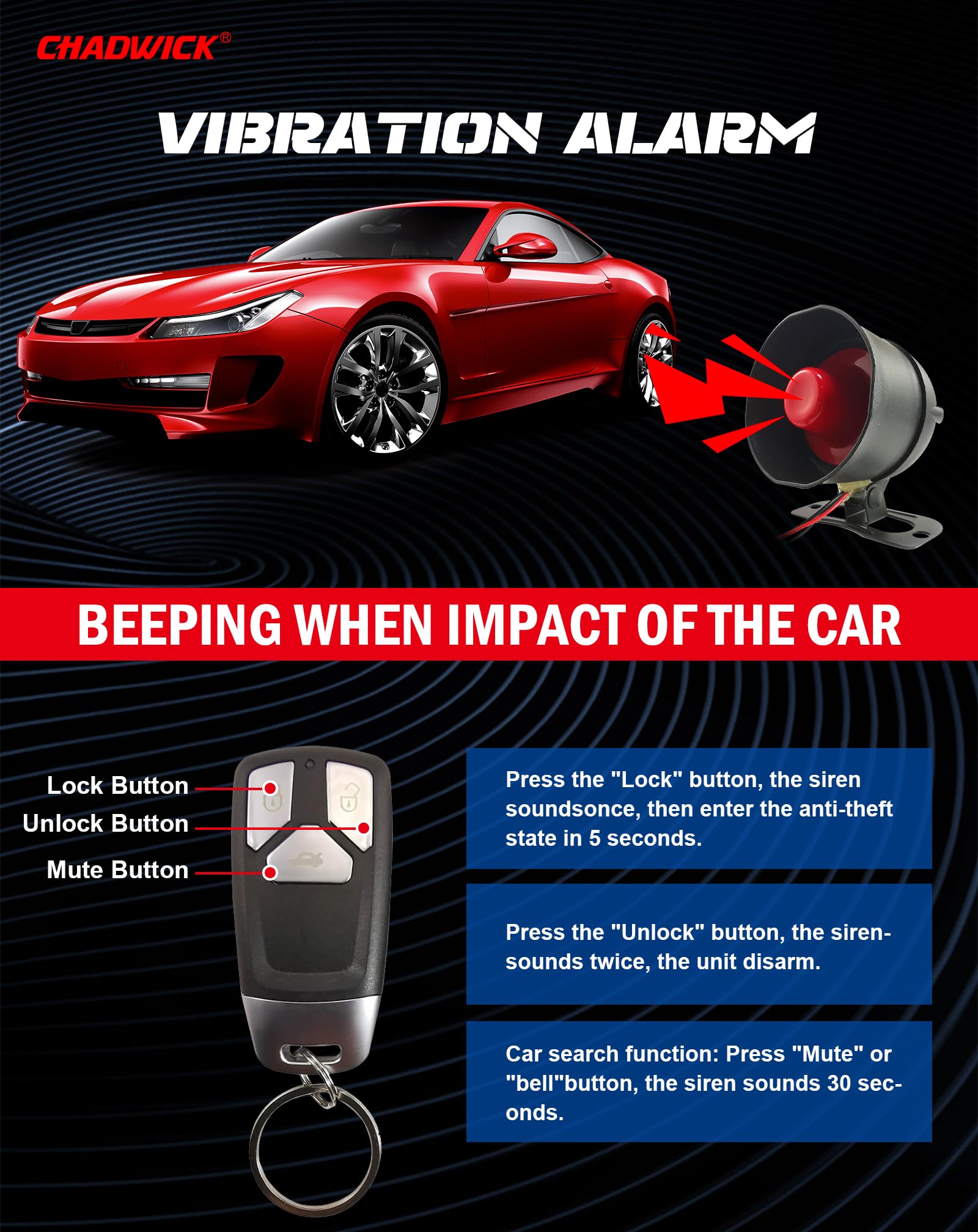 Alarma de sirena de bocina de coche para coche de 12 V CC, sistema de protección de seguridad universal con 2 controles remotos, dispositivo antirrobo, sensibilidad de 7 niveles, sin ajuste de rosca
