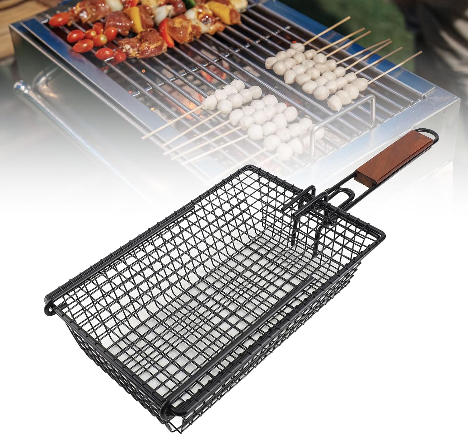 Grill Basket, Grill Baskets for Outdoor Grill, 28×19×8.4cm Nonstick Grilling Basket with Lid, Foldable Handle for Camping, Outdoor BBQ Rack for Fish, Vegetables, Steak, Meat, Shrimp