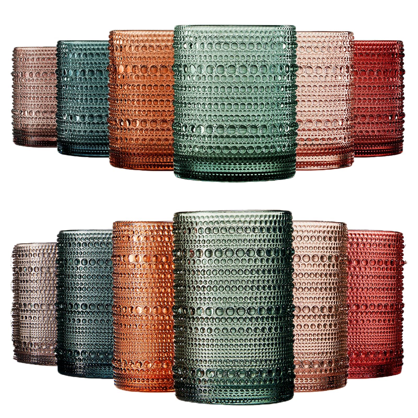 Hobnail Highball and Lowball Glasses, 12 Set Vintage Sunset Beaded Tumblers
