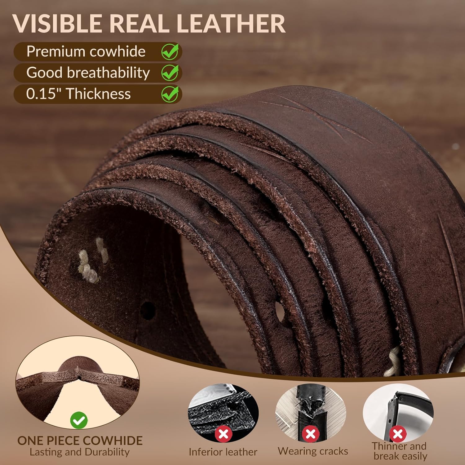 Real Leather Belts for Men Work Heavy Duty Double Prong Men's Belt Jeans Casual Mens Belts Leather Christmas Gifts - Image 2