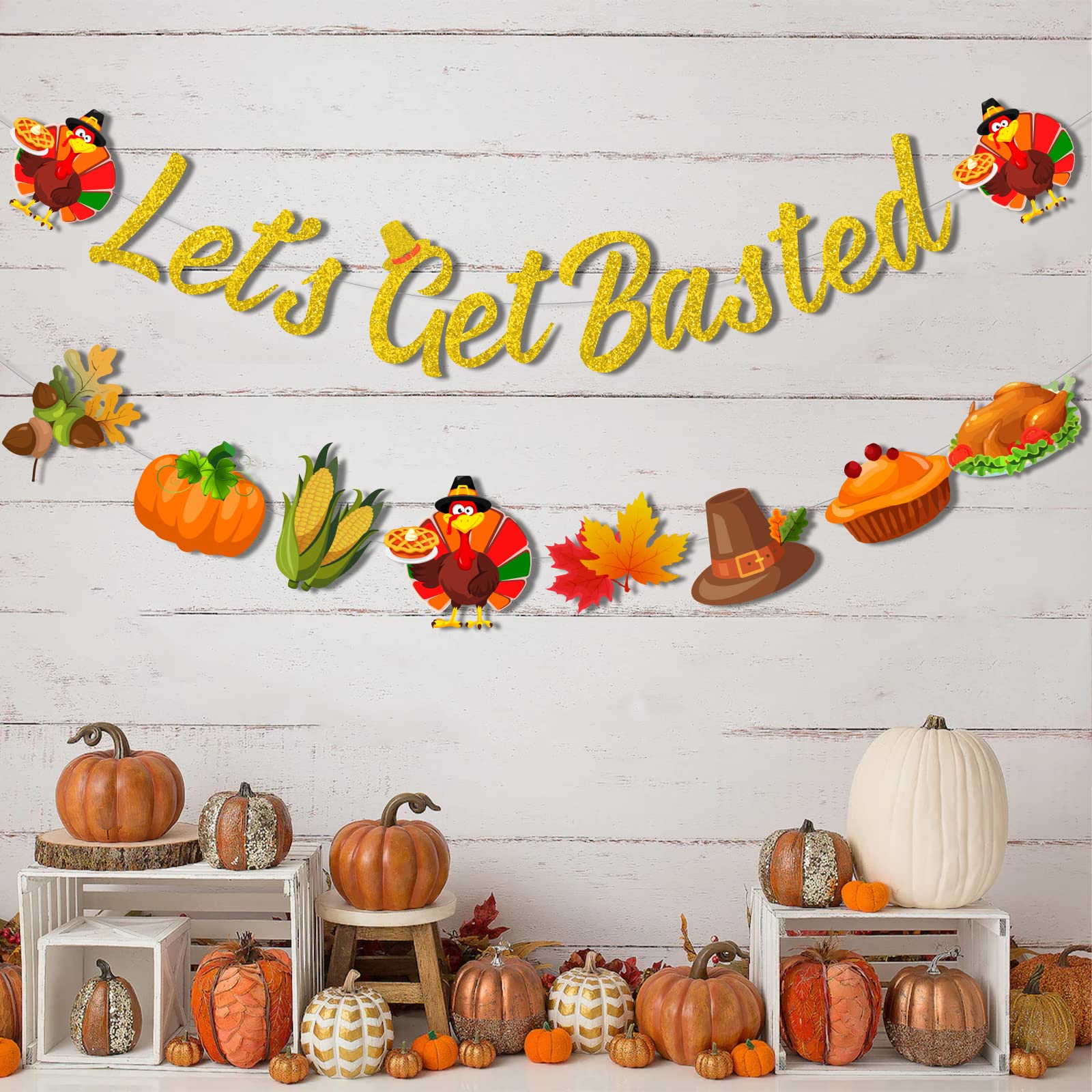 Gold Glitter 'Let's Get Basted' Thanksgiving Banner - Funny Friendsgiving Decor, Autumn Party Garland Sign - View #4