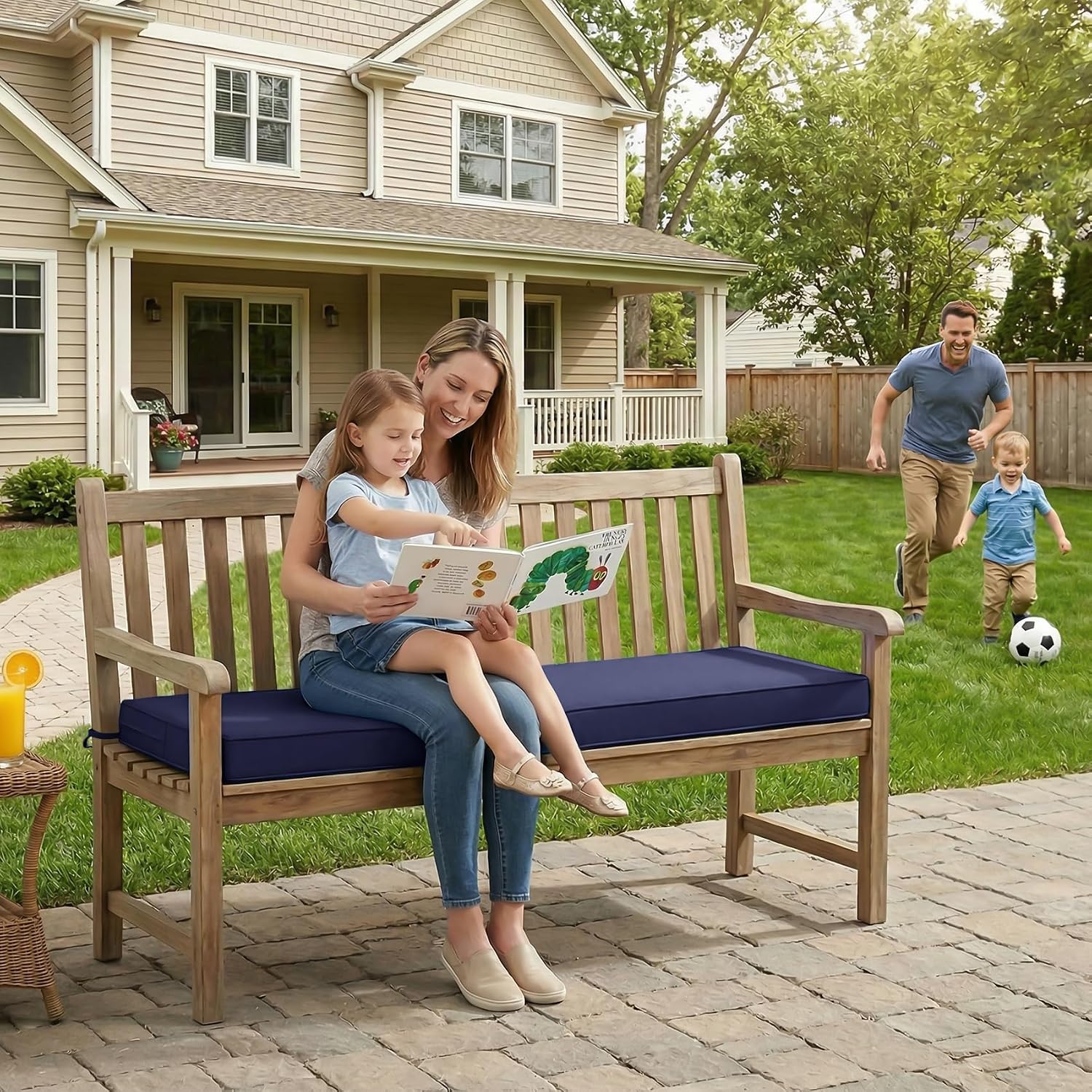 Outdoor Bench Cushion 42 x 18 x 3 Inch, Waterproof & Fade-Resistant Bench Cushions for Outdoor Furniture, Non-Slip Patio Furniture Cushions with Ties, Removable Cover for Garden Porch, Navy Blue
