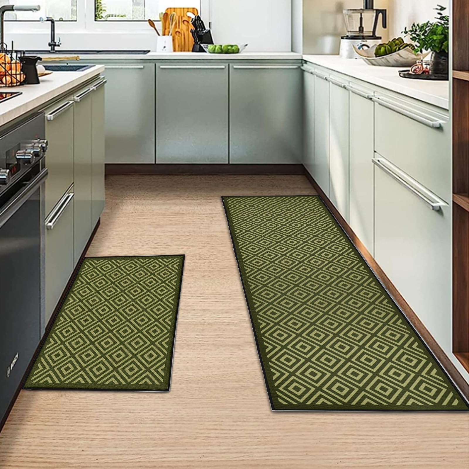 Juego de 2 alfombras de cocina, antideslizantes, absorbentes y lavables, tapete geométrico para cocina, hogar, oficina, fregadero, lavandería (B-verde, 40 x 120 cm + 40 x 60 cm)