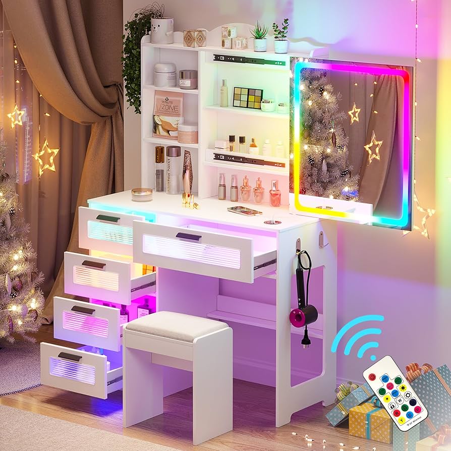 照明付き化粧台-Dressing table with lighting Amazon.com: WOOVIVS Vanity with LED Mirror, 6 Drawer Dresser with
