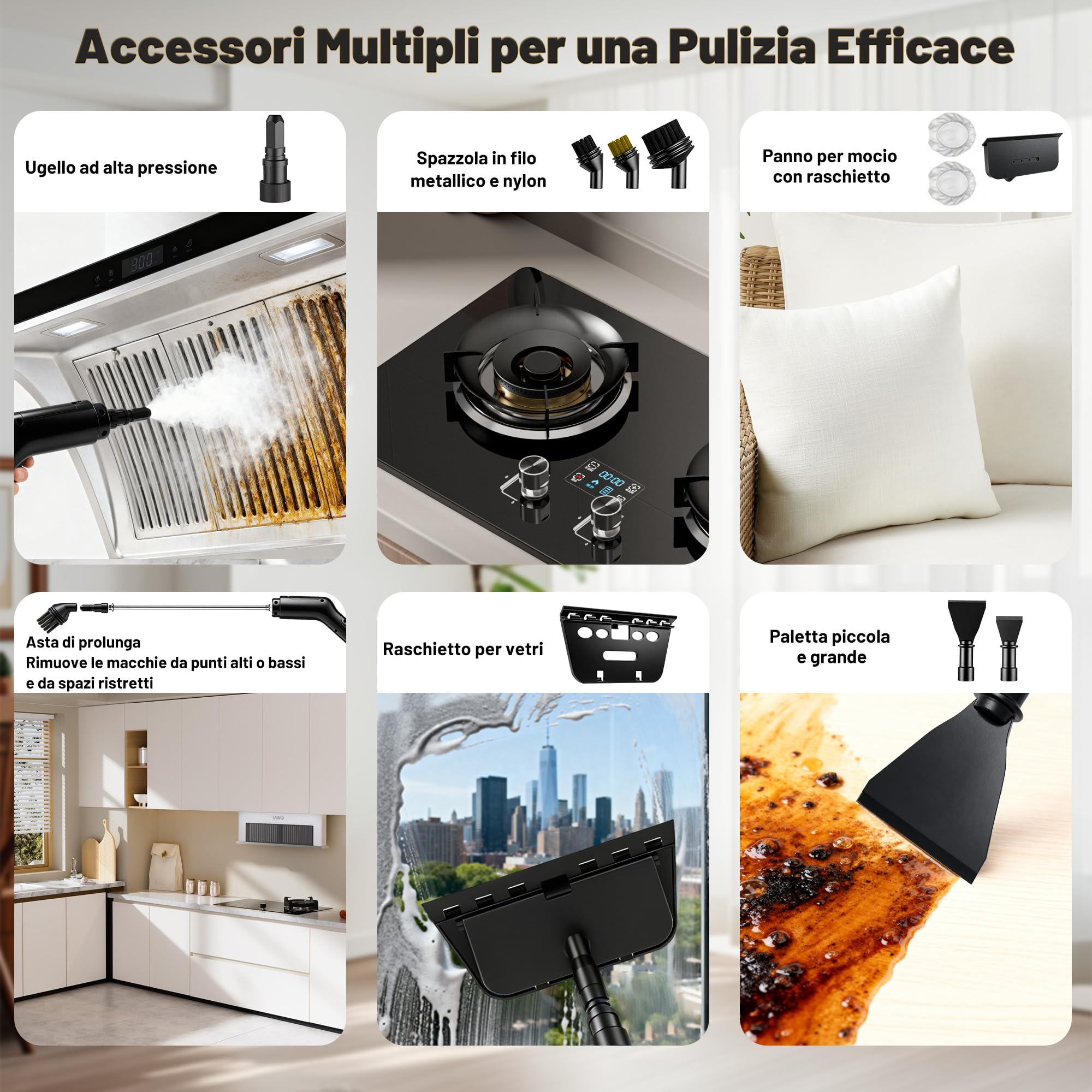 Pulitore a Vapore 3 Bar, Riscaldamento Rapido da 15 Secondi, Cavo di Alimentazione da 2 Metri, Serbatoio 1600ML, Pulsante Touch Regolabile, con 13 Accessori per la Pulizia di Auto, Cucina | Pulitore a vapore manuale ad alta pressione, senza sostanze chimi