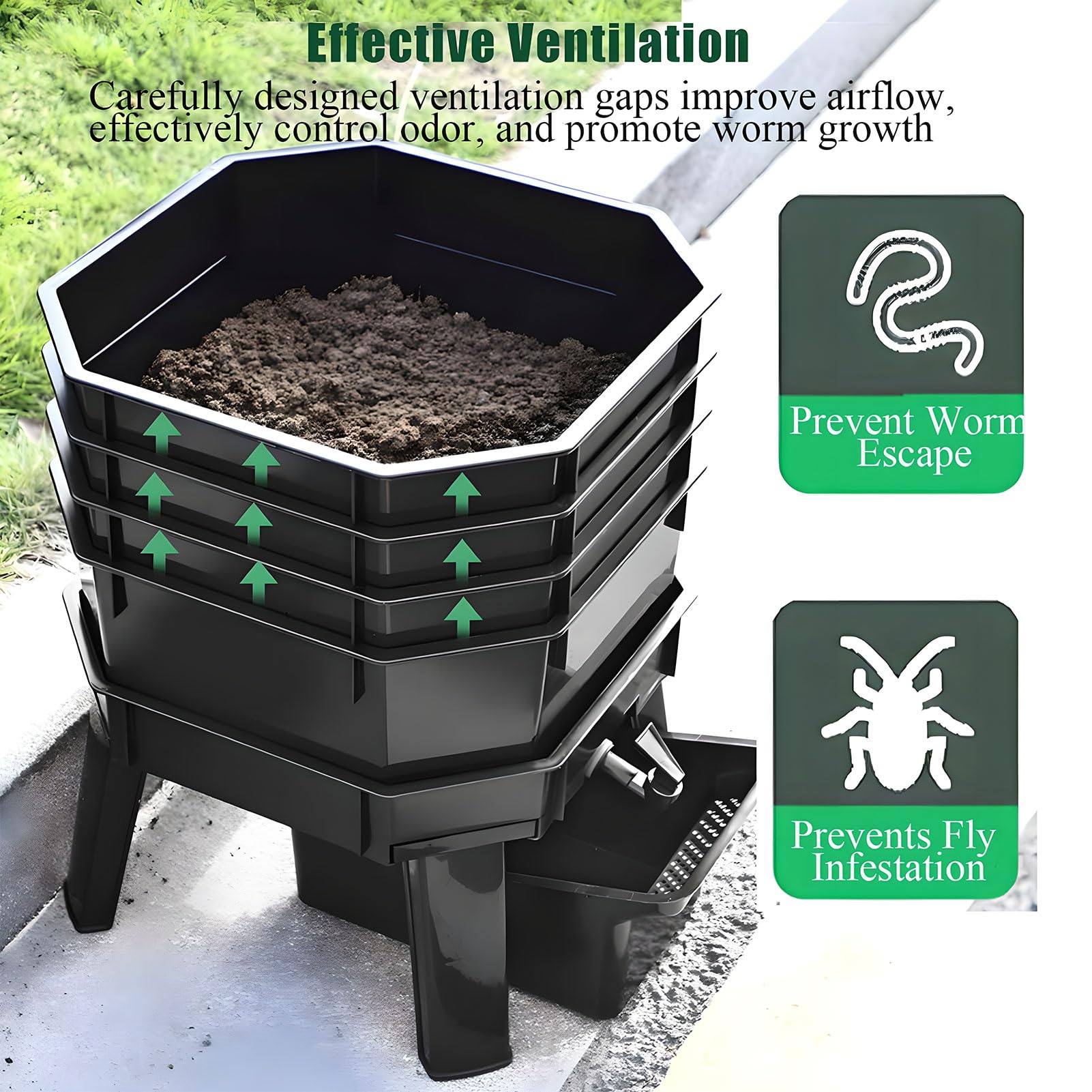 Wurm-Komposter-Set – 4-lagiger Gartenkomposteimer mit herausnehmbaren Tabletts, Belüftung und Wasserhahn-Design für effizientes Recycling von Gartenabfällen