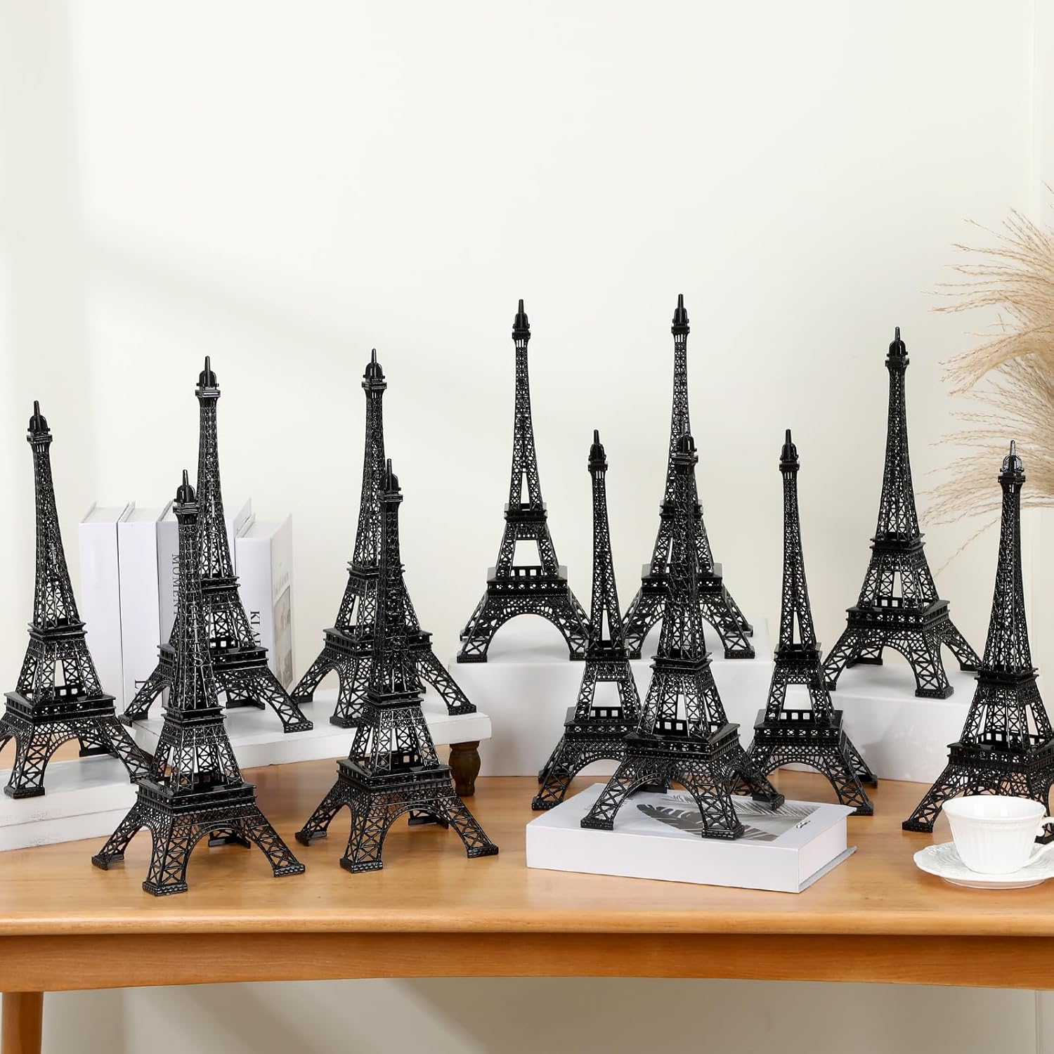 Therwen 12 Pcs 15'' Eiffel Tower Statue Decor Alloy Metal Paris French Eiffel Tower Model Collectible Figurine Paris Craft Art Statue Model Party Decoration Gift for Cake Topper(Black)