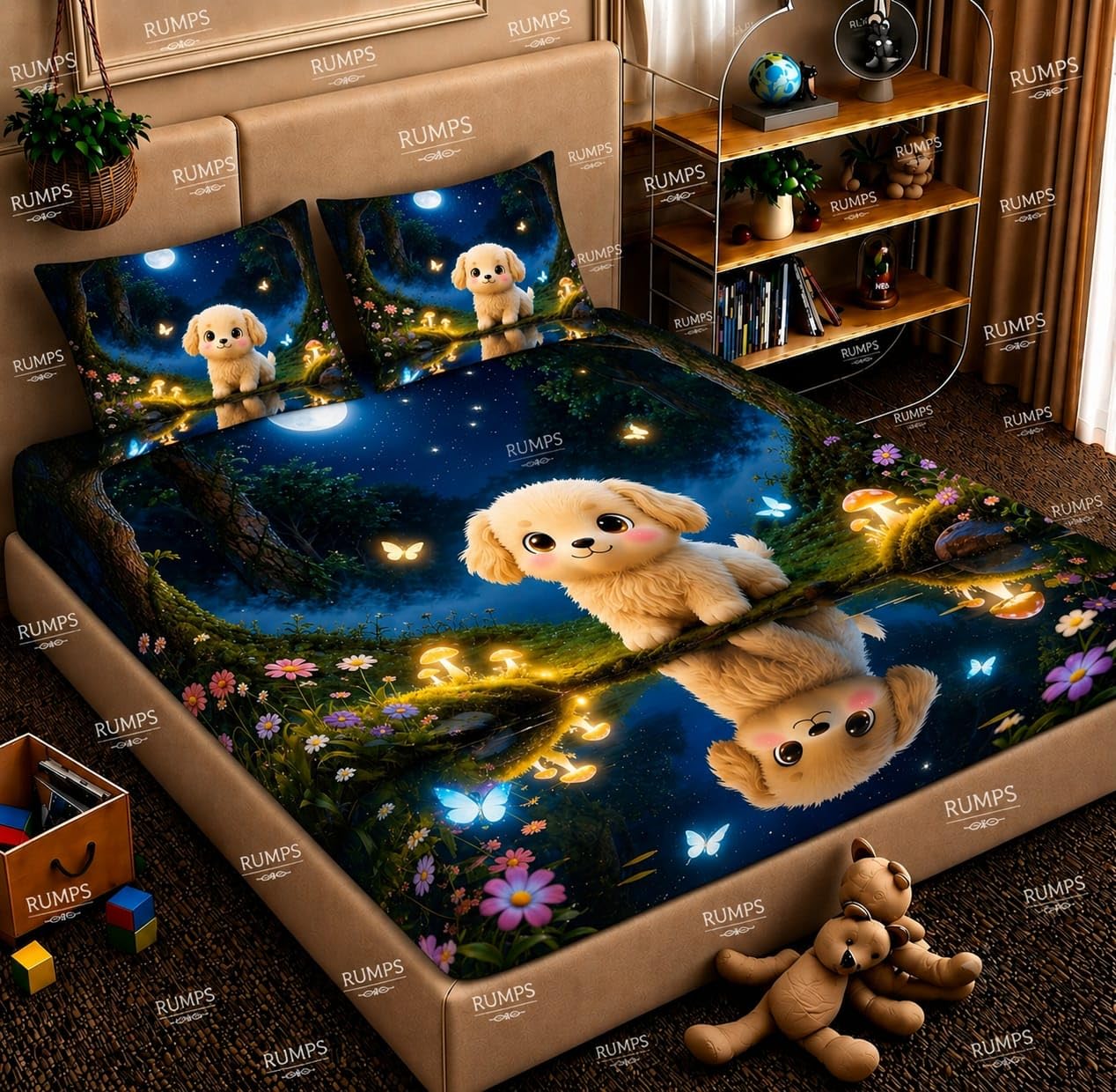 RUMPS 3D Digital Printed Double Bedsheet Flat | Premium Knitted Cotton MicroFabric 90x100 Inch Bed Sheet with 2 Pillow Covers, Cute Cartoon Blue Bird (7D Digital Muti02)