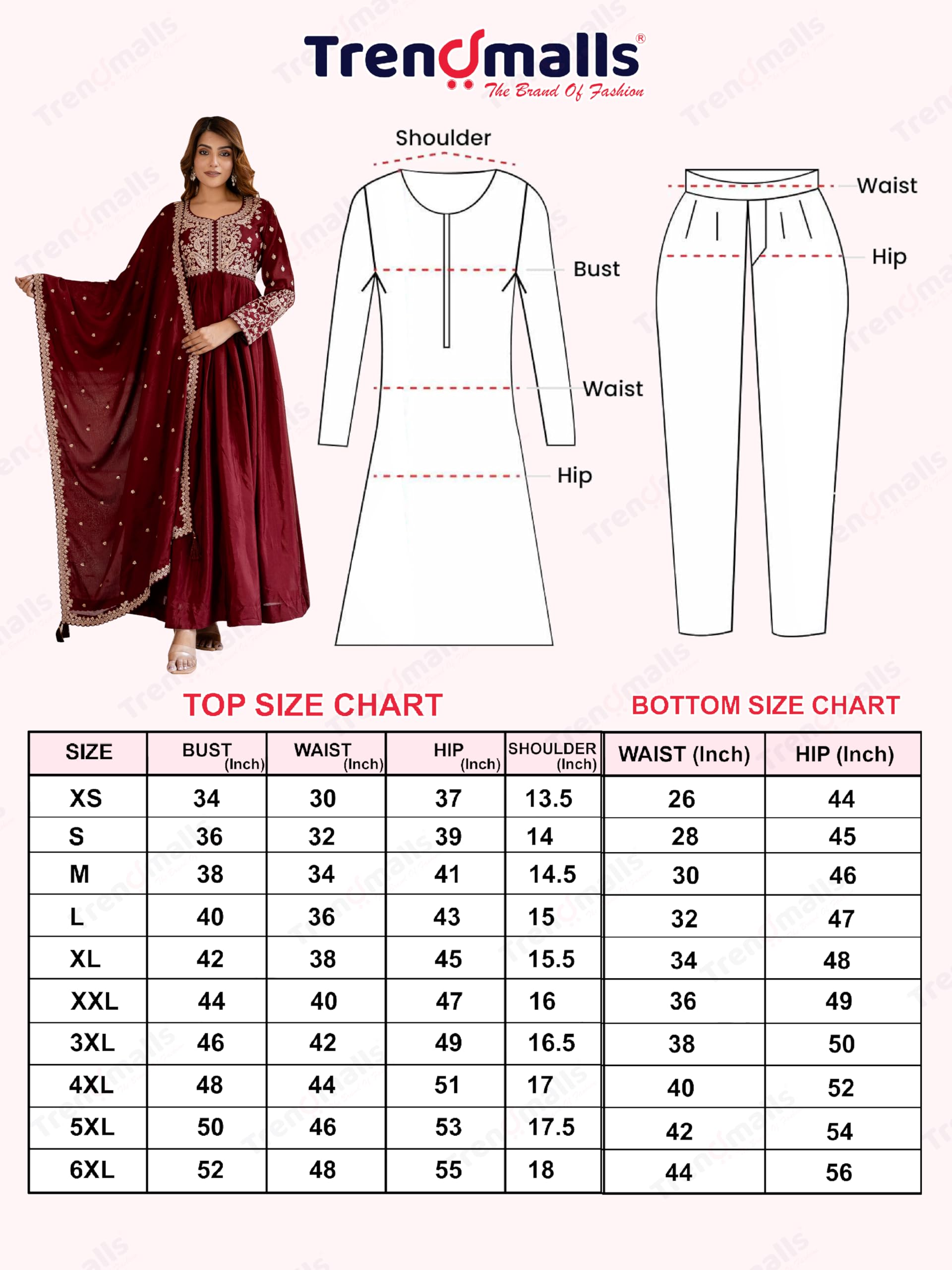 TRENDMALLS Damen Seidenmischung Stickerei Anarkali Kurta Hose Set mit Dupatta Salwar Anzug Set für Frauen