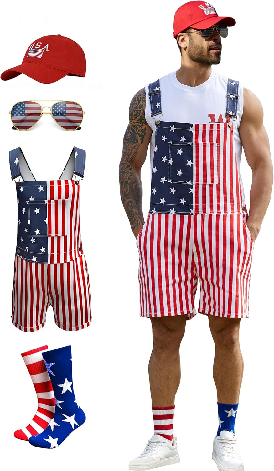 American Flag Overalls Men,USA Hat,4th of July Sunglasses,Patriotic Socks,4 Pcs for Memorial Independence Day