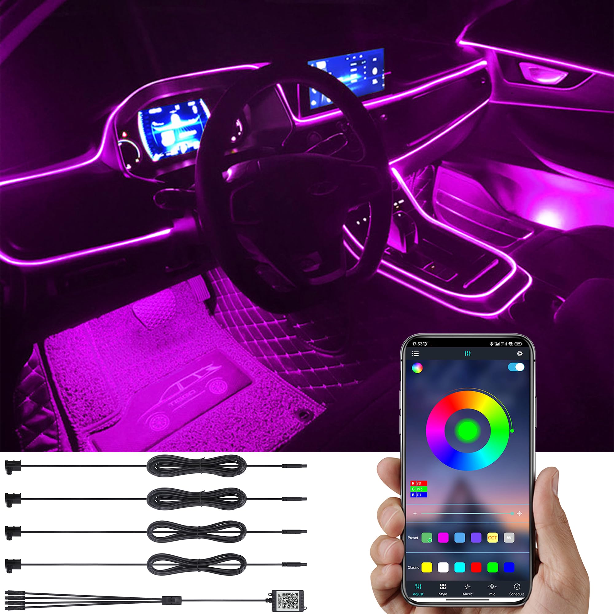 Kit Luce Ambientale LED RGB Per Interni Auto - 4 Strisce Con Controllo Bluetooth E App, Modalità Musicale