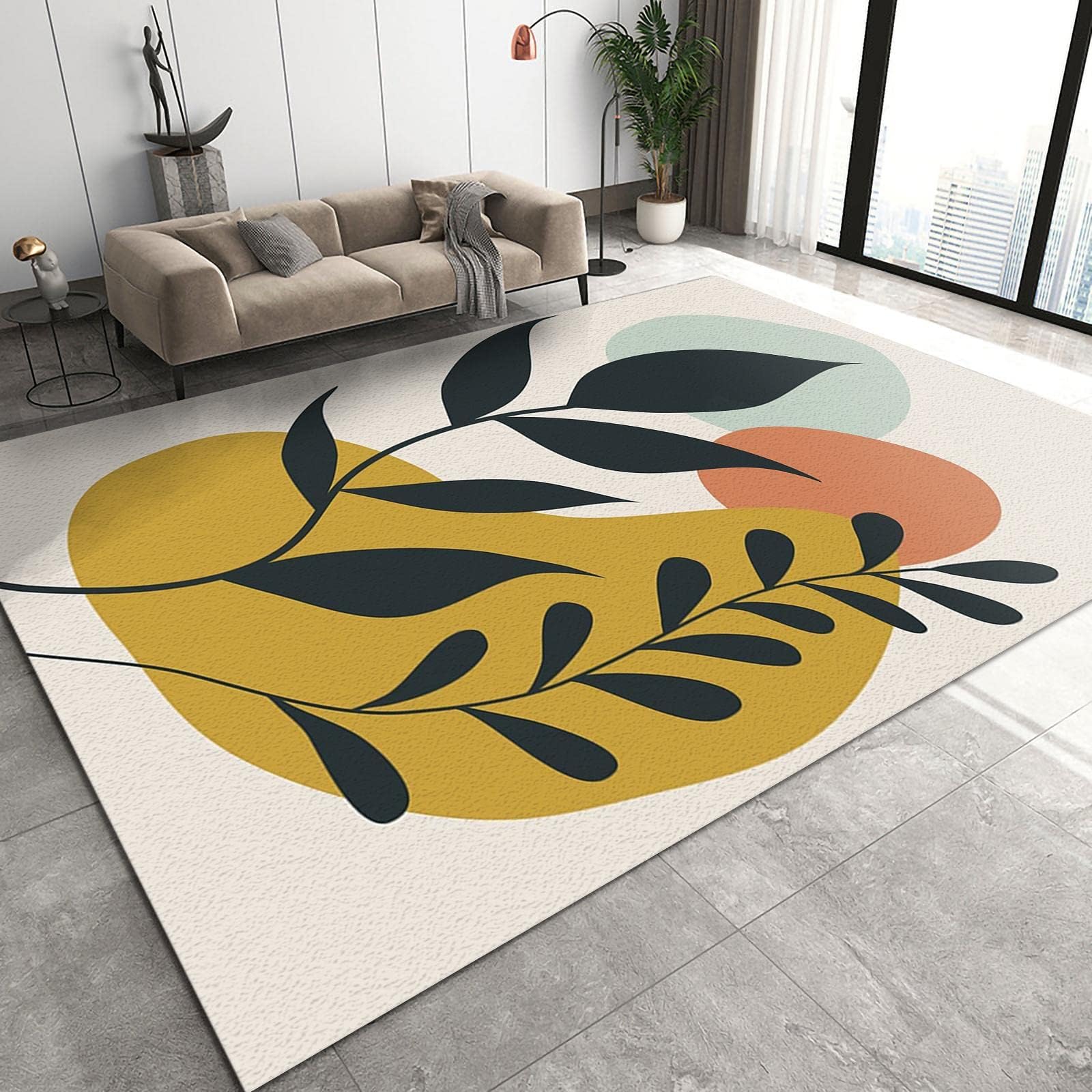 TEMLAN Middle Ages Abstract Sun Tropical Leaves Area Rugs Plants Branches Leaves Easy Clean Floor Carpet for Bedroom Living Room Indoor Carpet Nursery Room Home Decor Aesthetic Rug 160 x 230 cm