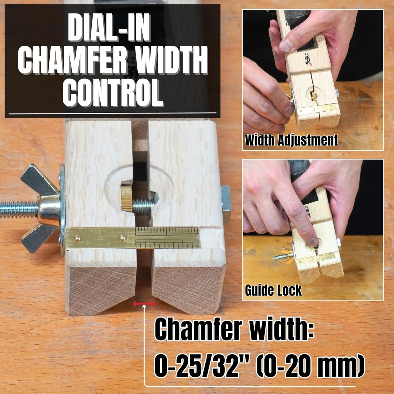 KAKURI Chamfer Plane for Woodworking [Adjustable Guide] - 45 Degree Japanese Edge Bevel Hand Plane - Skewed Blade & Brass Sole - Made in Japan