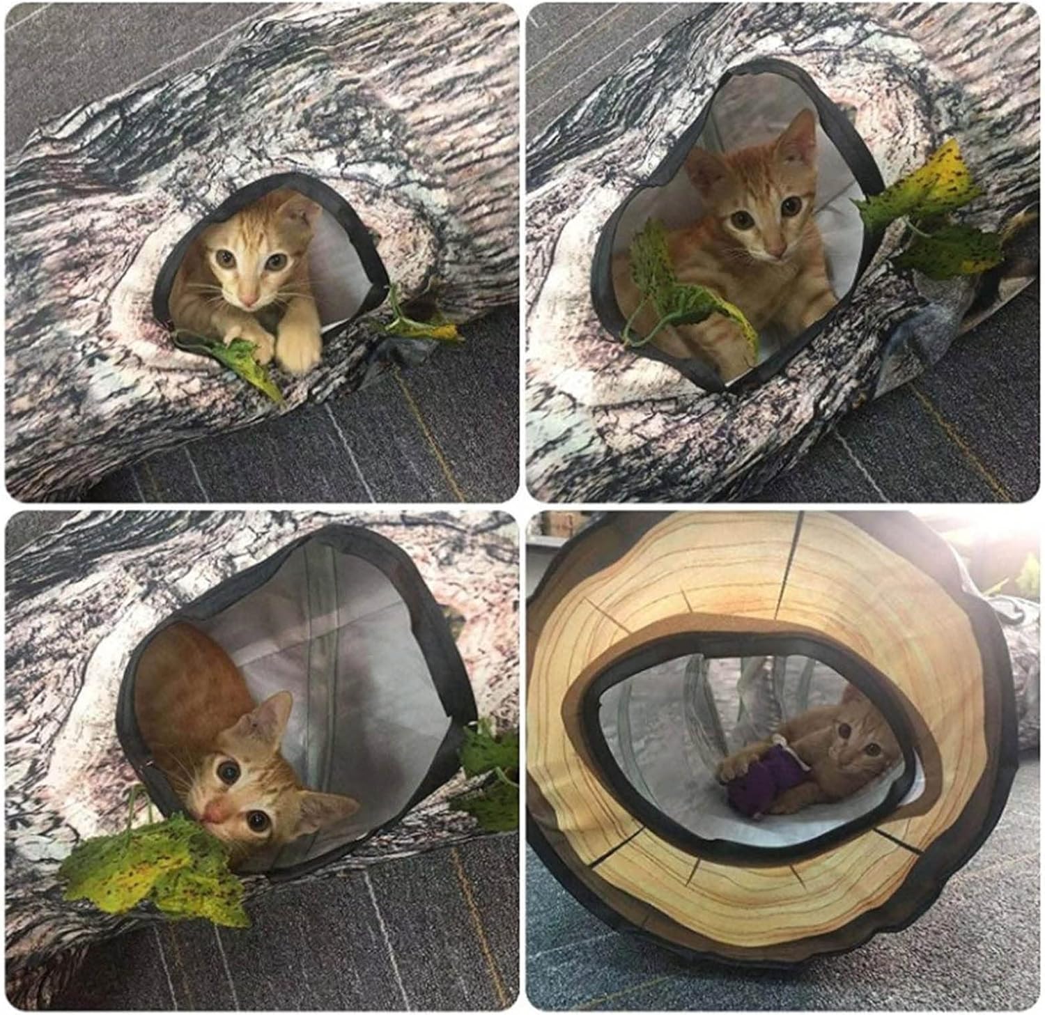 Cat Tunnel Tube, Collapsible Washable Lifelike Wood Grain Interactive Kitten Tube, Cat Tunnel Bed Toy, Toy for Puppy Rabbits