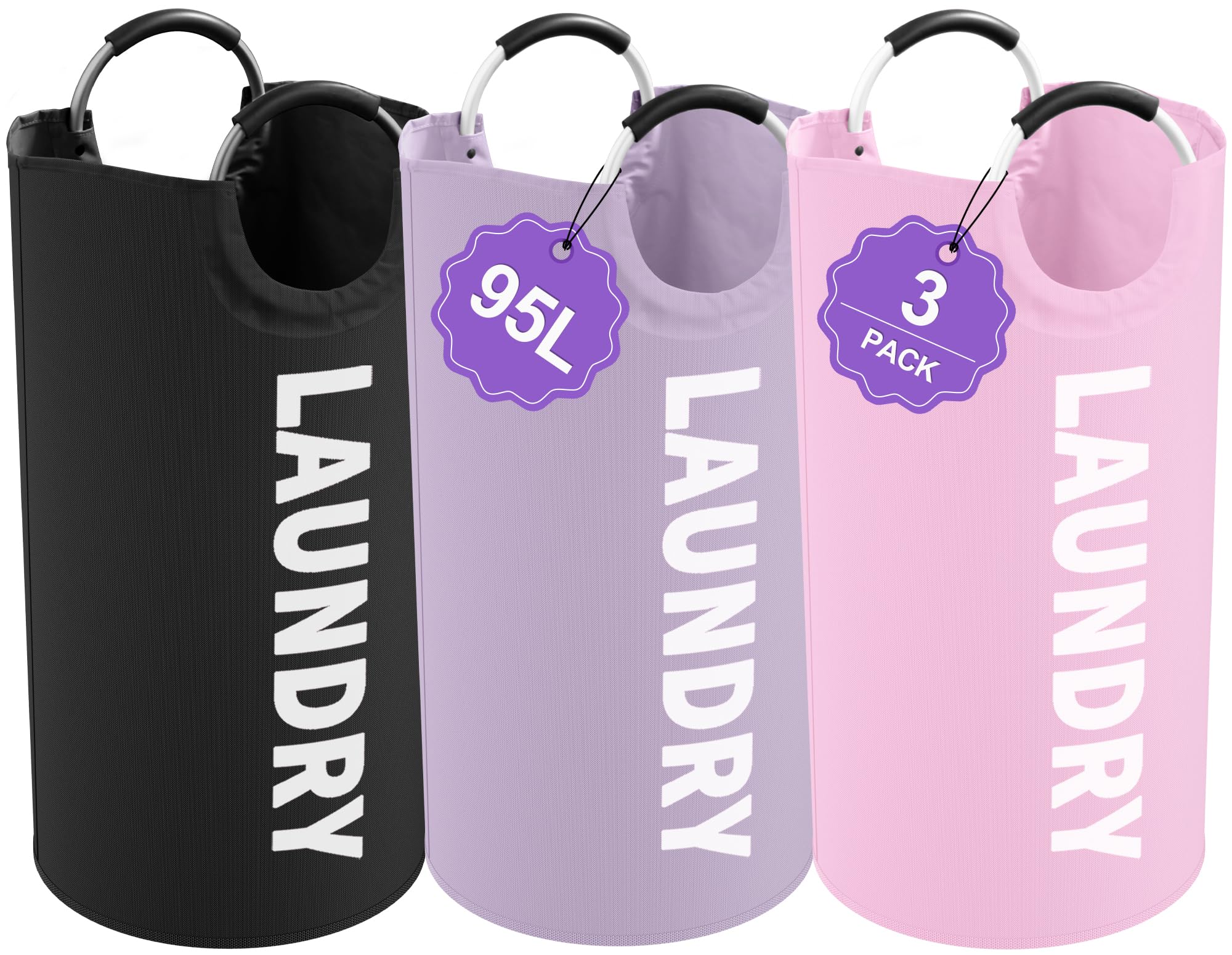 3Pack Folding Clothes Hamper with Handles, 95L Tall Laundry Basket Organizer, Durable Laundry Bags, Large Dirty Clothes Hamper for Family, Travelling, Camping, Purple + Pink + Black | IHOMAGIC Foldable Dirty Clothes Hamper, Laundry Bag, Portable Storage Basket For Travel, Camping, Purple+Pink+Black