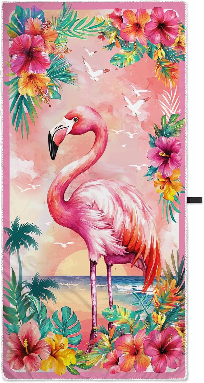 Pink Flamingo Microfiber Beach Towel Lightweight Towel for Women Pool Swim