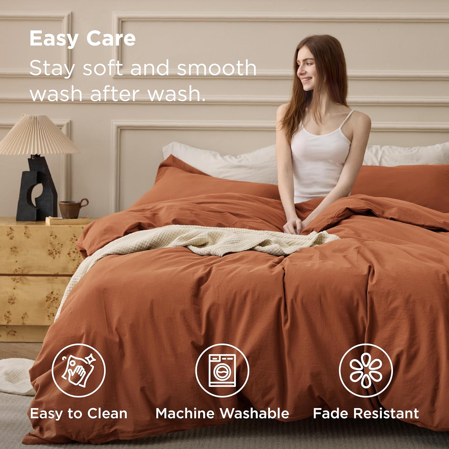 Bedsure 100% Washed Cotton Duvet Cover Queen Size - Burnt Orange Minimalist Bedding Set Linen Like - PureWoven Plain Simple & Soft Comforter Cover for All Seasons (Burnt Orange, Queen, 90"x90")