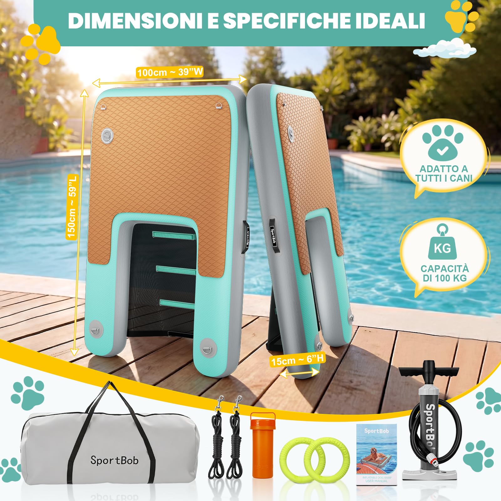 Rampa Gonfiabile per Cani 150 x 100 cm, Resistente agli Strappi e Durevole, Adatta a Cani Fino a 100kg, Ideale per l'Estate, la Piscina, le Barche, i Pontili e i Laghi