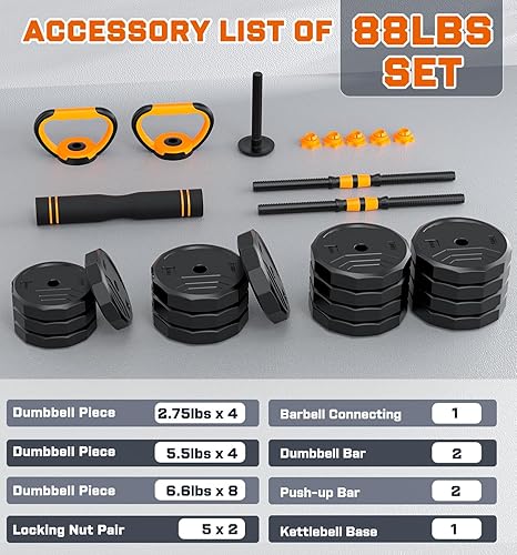 Miniatura 9 de 5-in-1 Adjustable Dumbbell Set, 33446688lbs Free Weights Set with Connector, Used as Kettlebells, Barbell, Push up Stand, Standard 1" Plates,