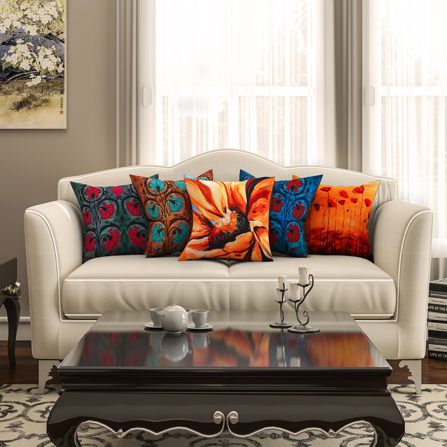 SEJ by Nisha Gupta Cotton Abstract HD Digital 16 16 Cushion Covers (Set of 5)