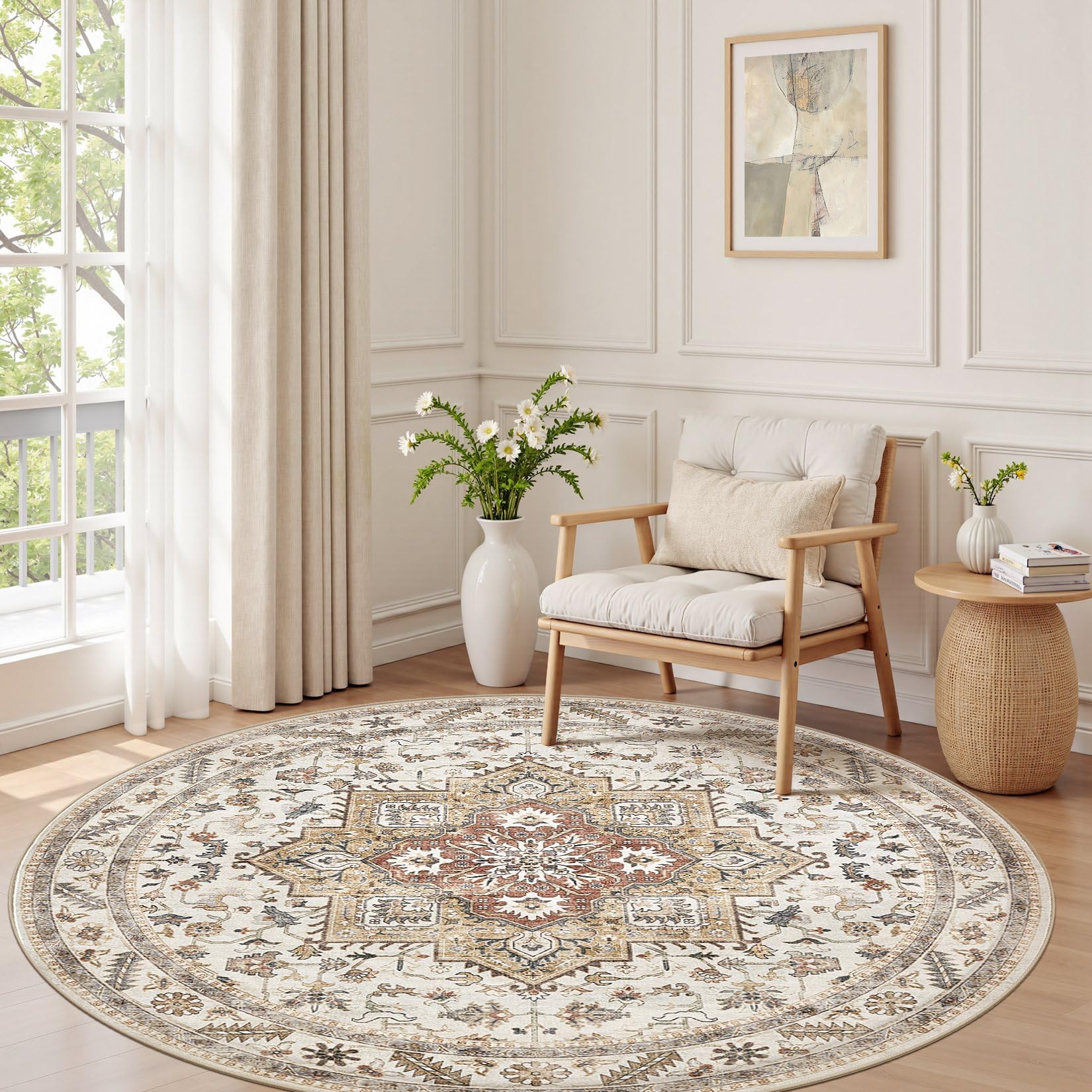6ft Round Vintage Living Room Area Rug - 6x6 Large Soft Washable Oriental Traditional Distressed Farmhouse Rugs for Bedroom - Indoor Floor Accent Carpet for Home Office House Decor - Golden Taupe โ image 1