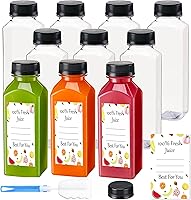 BOOMIBOO 10-Pack 12oz Clear Plastic Juice Bottles with Leak-Proof Caps, Labels & Brush - Reusable for Juicing, Smoothies