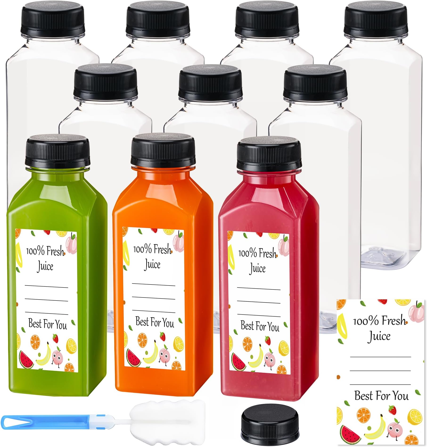 Juice Bottles with Caps 10Pcs 12oz, Plastic Bottleswith Caps, Clear Reusable Water Bottle, Used for Juicing Bottles, Smoothie Bottle, Juice Containers - with 10Pcs Labels & Bottle Brush
