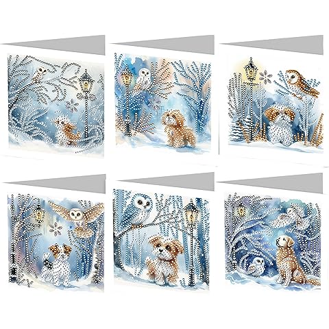 6 Packs DIY Diamond Art Cards Kit, Diamond Art Painting Cards, Diamond Art Cards with Envelope for Christmas Birthday Thanksgiving Day Holiday (Snow Puppy)