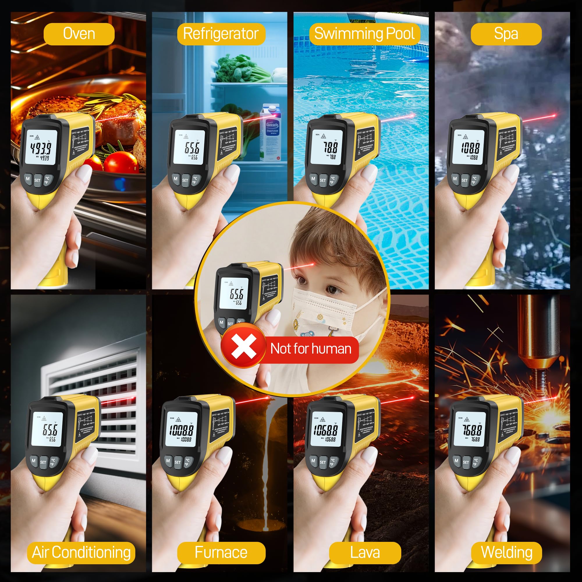 Pistola de termómetro infrarrojo, pistola de temperatura infrarroja para cocinar, pistola de termómetro láser de -50.0 °C ~ 580.0 °C con emisividad ajustable y máx./min, adecuada para la