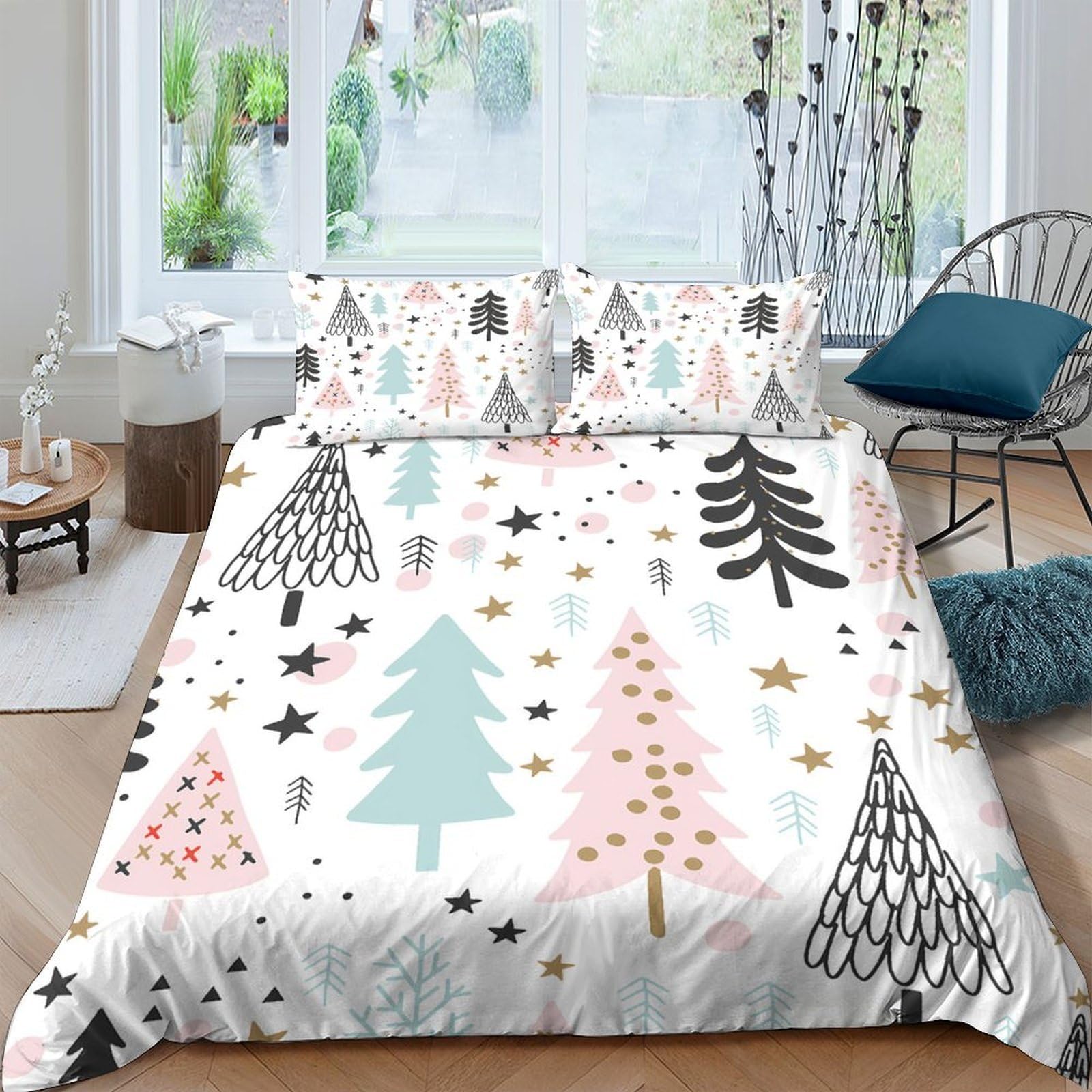 Ctjqhvkz Style-3 3D Printed Christmas Tree Fitted Sheet Microfiber Soft Breathable Nordic Forest Bed Cover For Bedroom Guest Room Single（135X200cm）