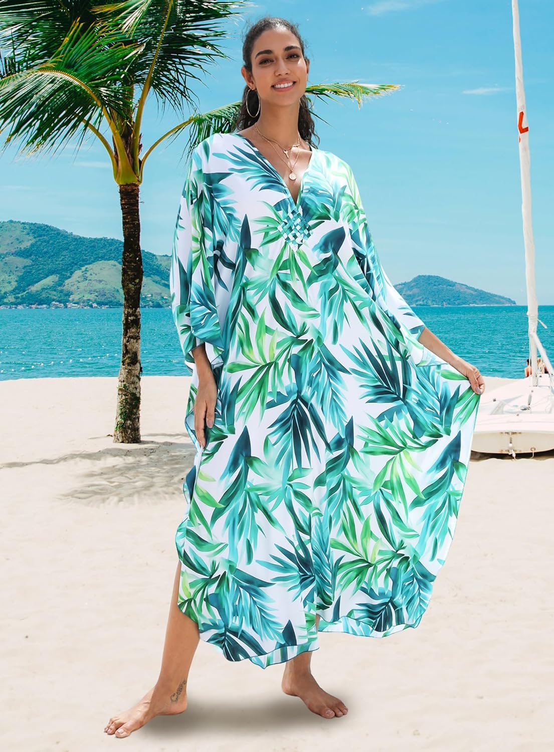 Kaftan Dress for Women,2025 Plus Size Hawaiian Batwing Sleeve Beach Cover Up Summer Swimsuit Dresses - Image 2
