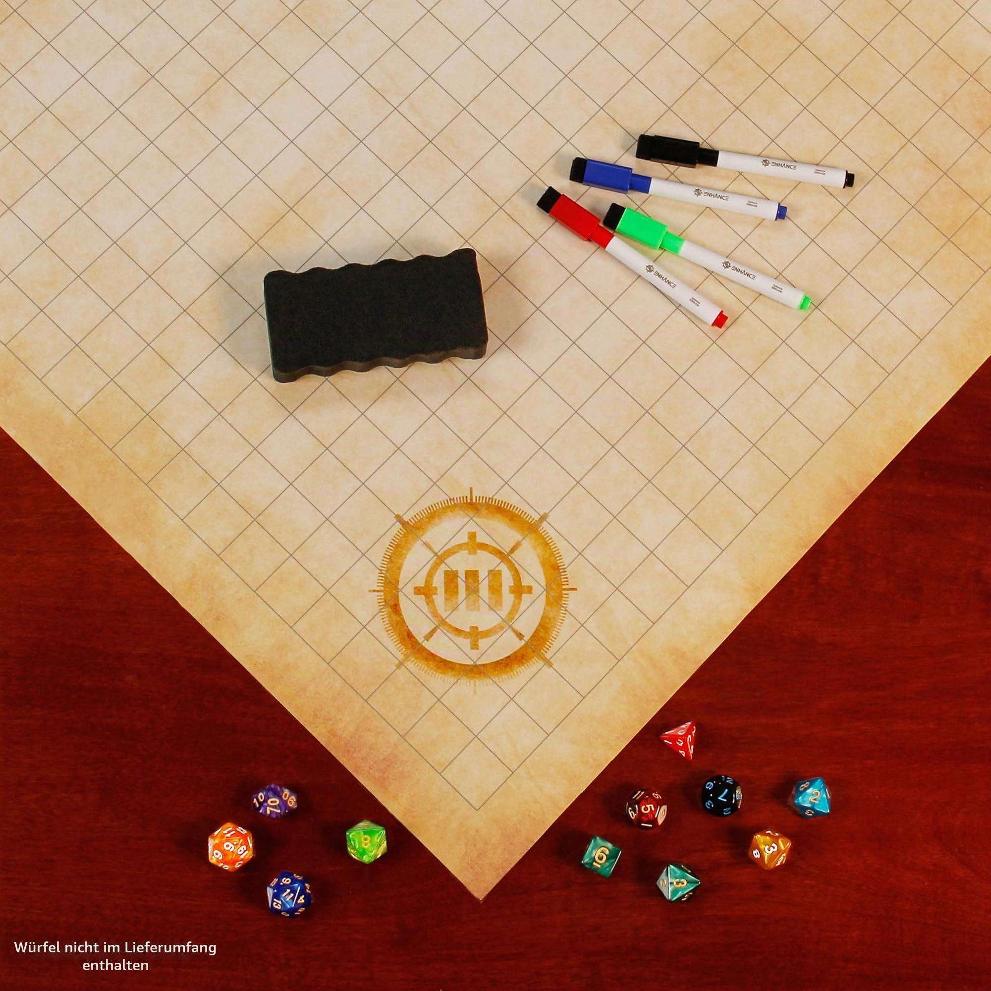 ENHANCE RPG-Gittermatte – Tisch-DND-Karte (61 x 91,4 cm), trocken abwischbare Rollenspielmatte, komplettes Gaming-Set, löschbare Kampfgitter-Spielmatte aus Pergament mit Reisetasche, Marker-Set