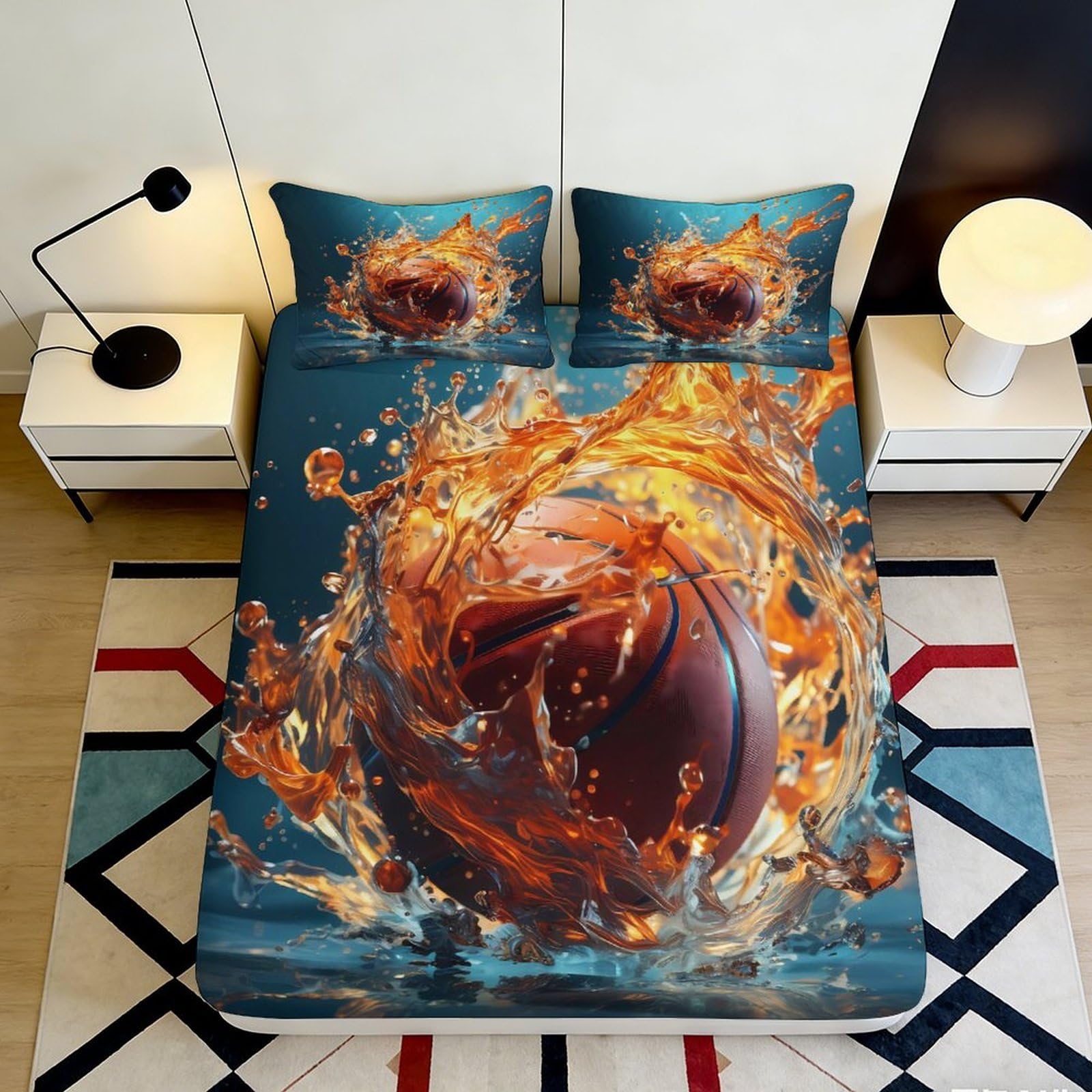 3D Printed Basketball Splash Fitted Sheet Microfiber Mattress Cover Anti-Slip Washable Decor for Bedroom Dorm Guest Room 90x200x25cm