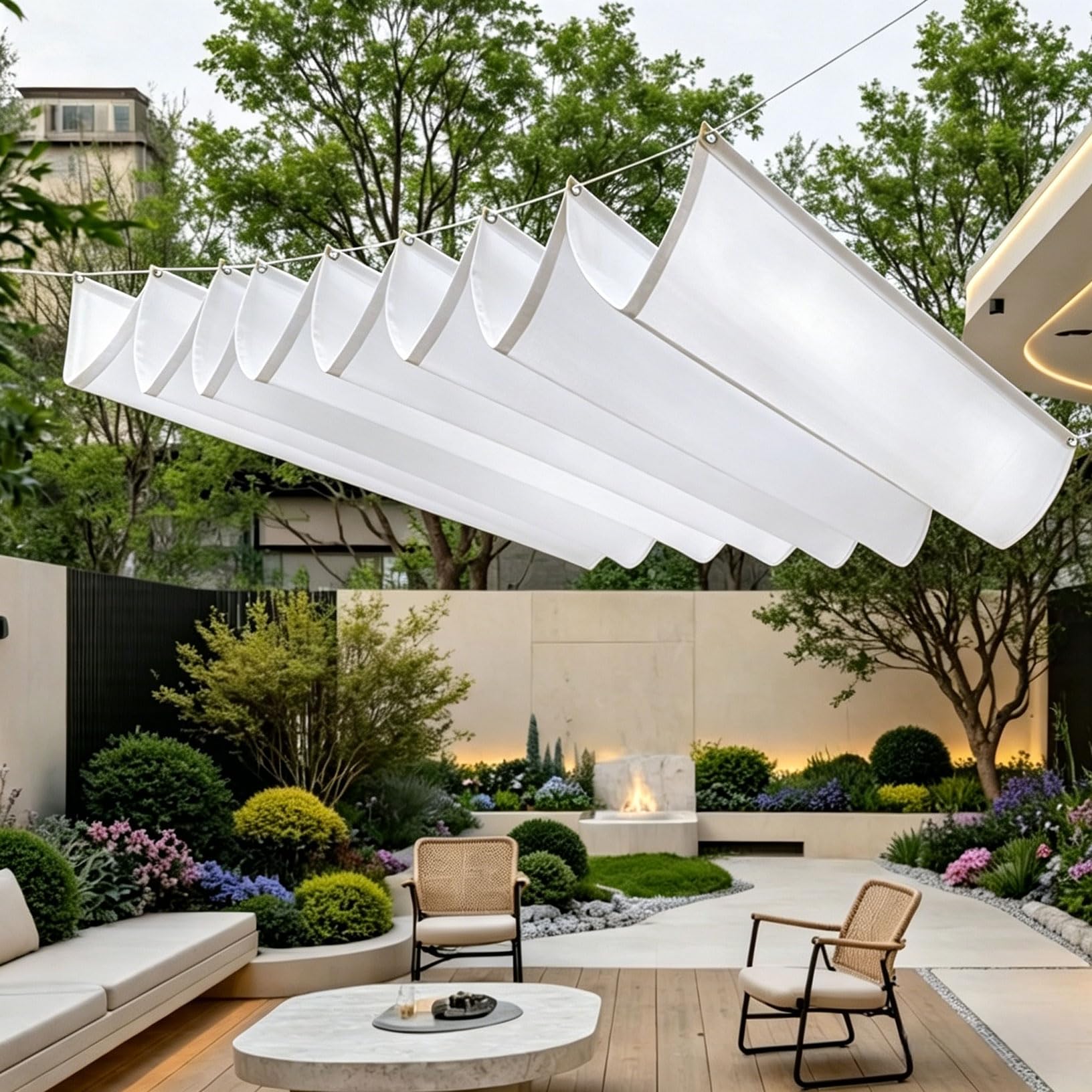Voile d'ombrage vague rétractable blanc pour stopper la chaleur du balcon