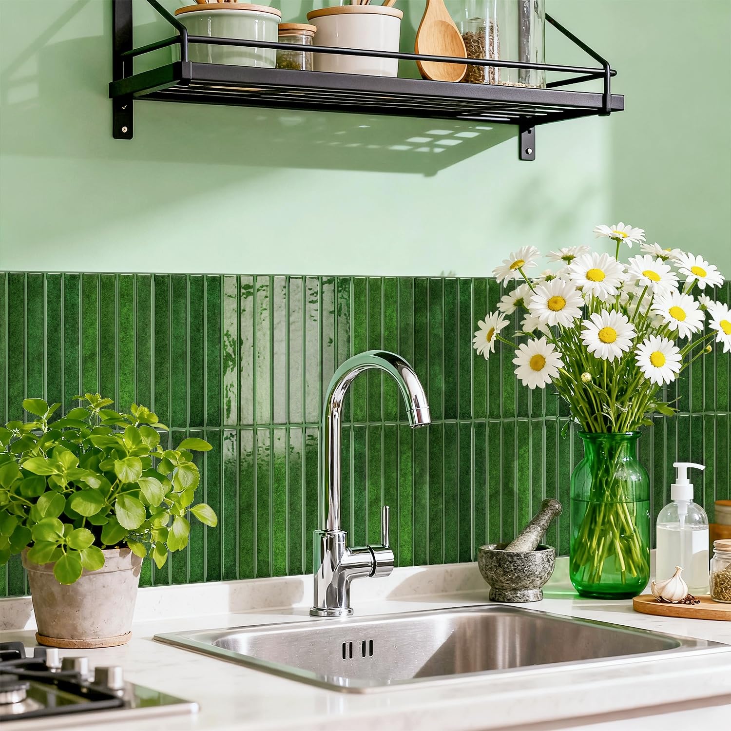 20 Sheets Marble Effect Tile Stickers, Peel and Stick on Tiles for Kitchen Bathroom Wall Backsplash Vinyl Waterproof Self Adhesive Tile Decals Covers (Green) โ image 1