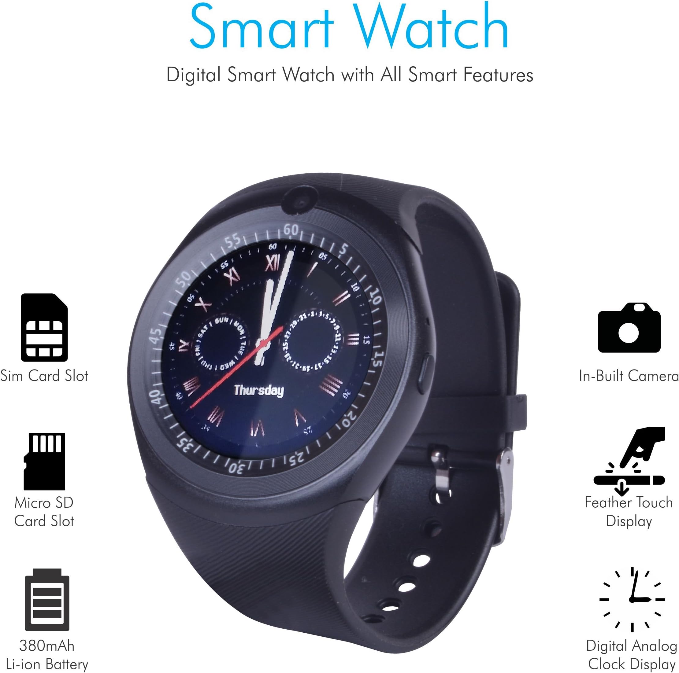 Kewl Y1S Digital Smart Watch with All Smart Features,Sim Card,Memory Card Slot,Touch Display,inbuilt Camera Bluetooth Enabled All Smart Phone Notifications